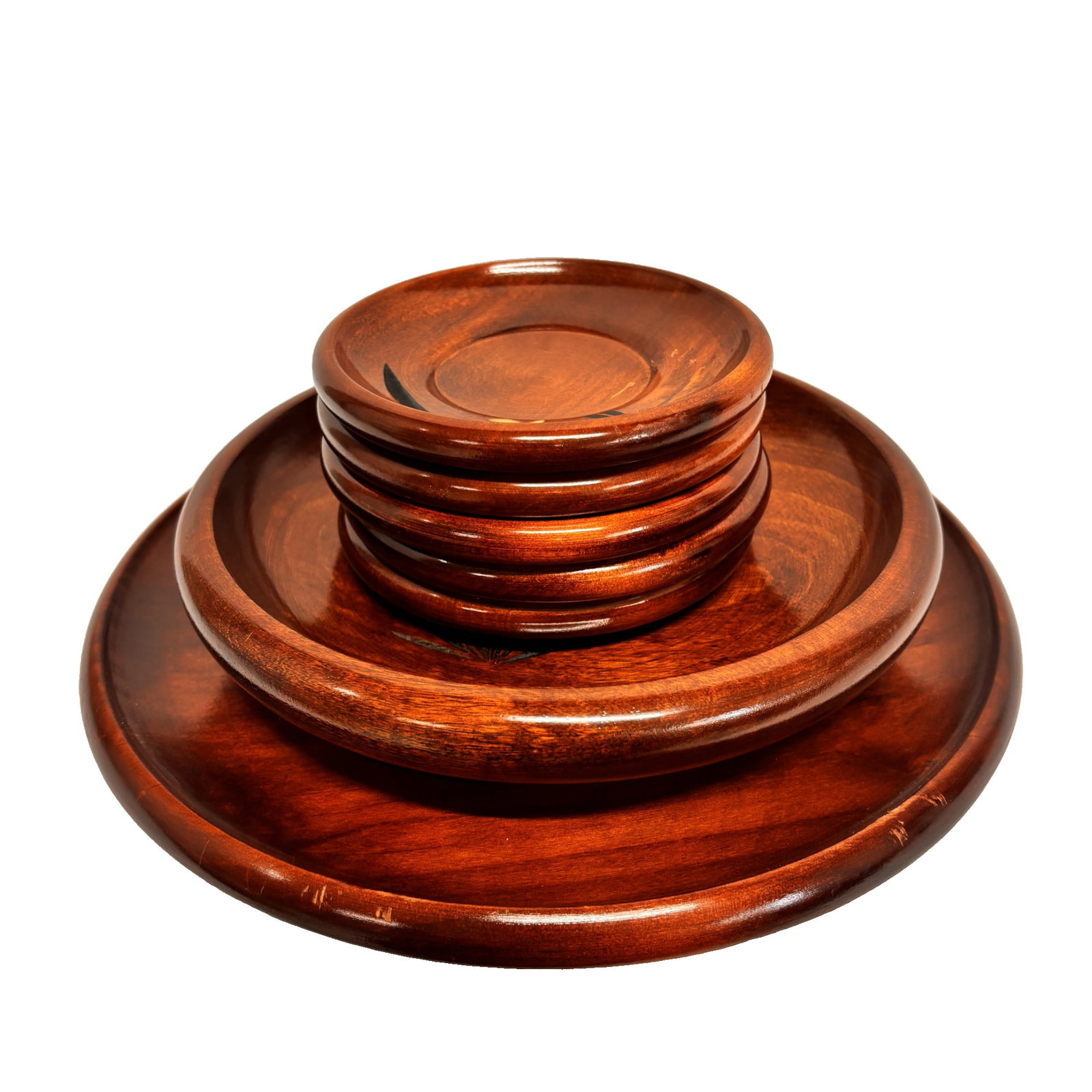 A set of lacquerware trays: Product Name: Lacquerware Tray Set (Large x 1, Medium x 1, Small x 5)Material: WoodDimensions: Large: approx. 270mm wide; Medium: 210mm wide; Small: 120mm wideProduct Description: This is a set of