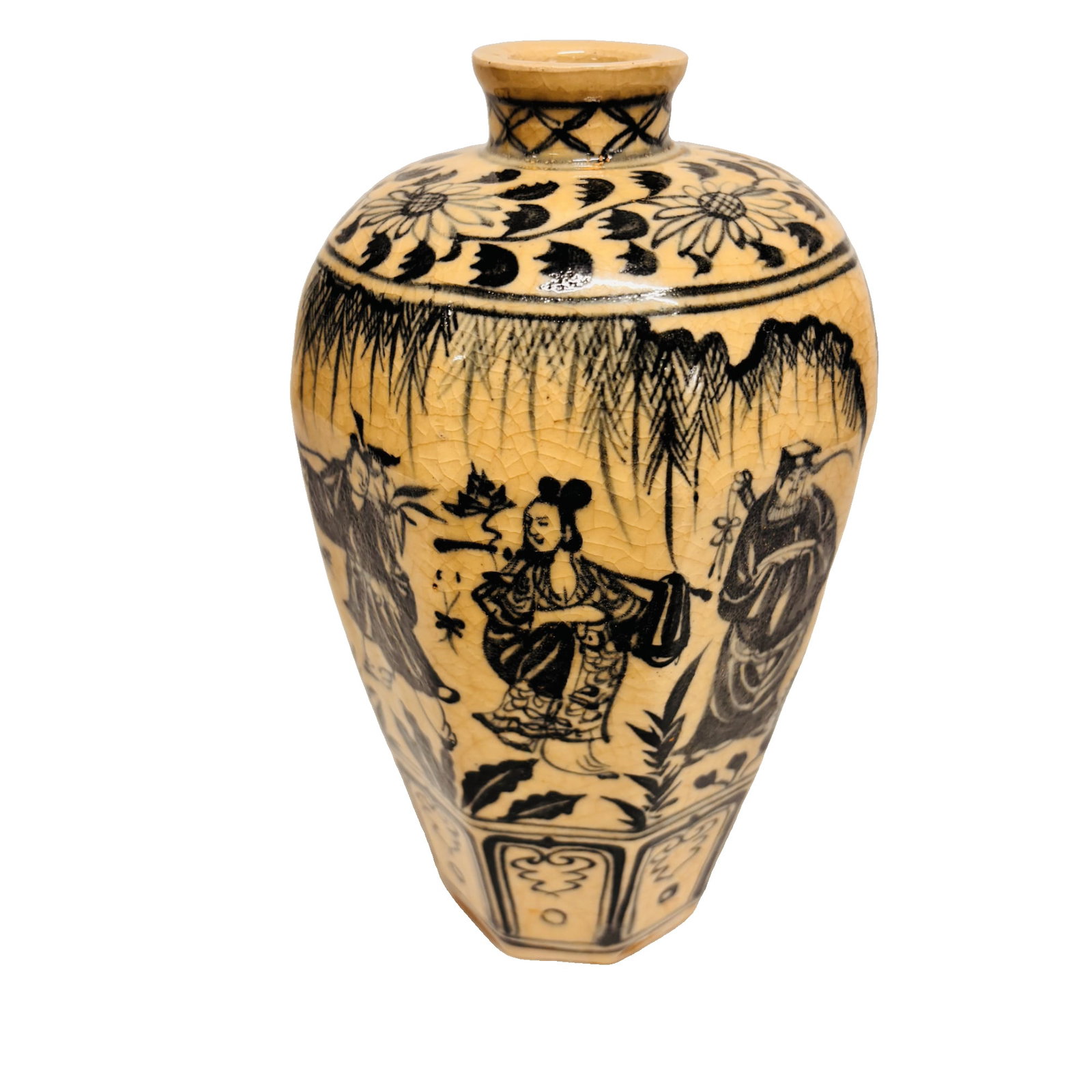 Qing Dynasty Ge Kiln Eight Immortals Bottle: A Ge ware vase from the Qing dynasty, measuring 130mm in diameter and 220mm in height.