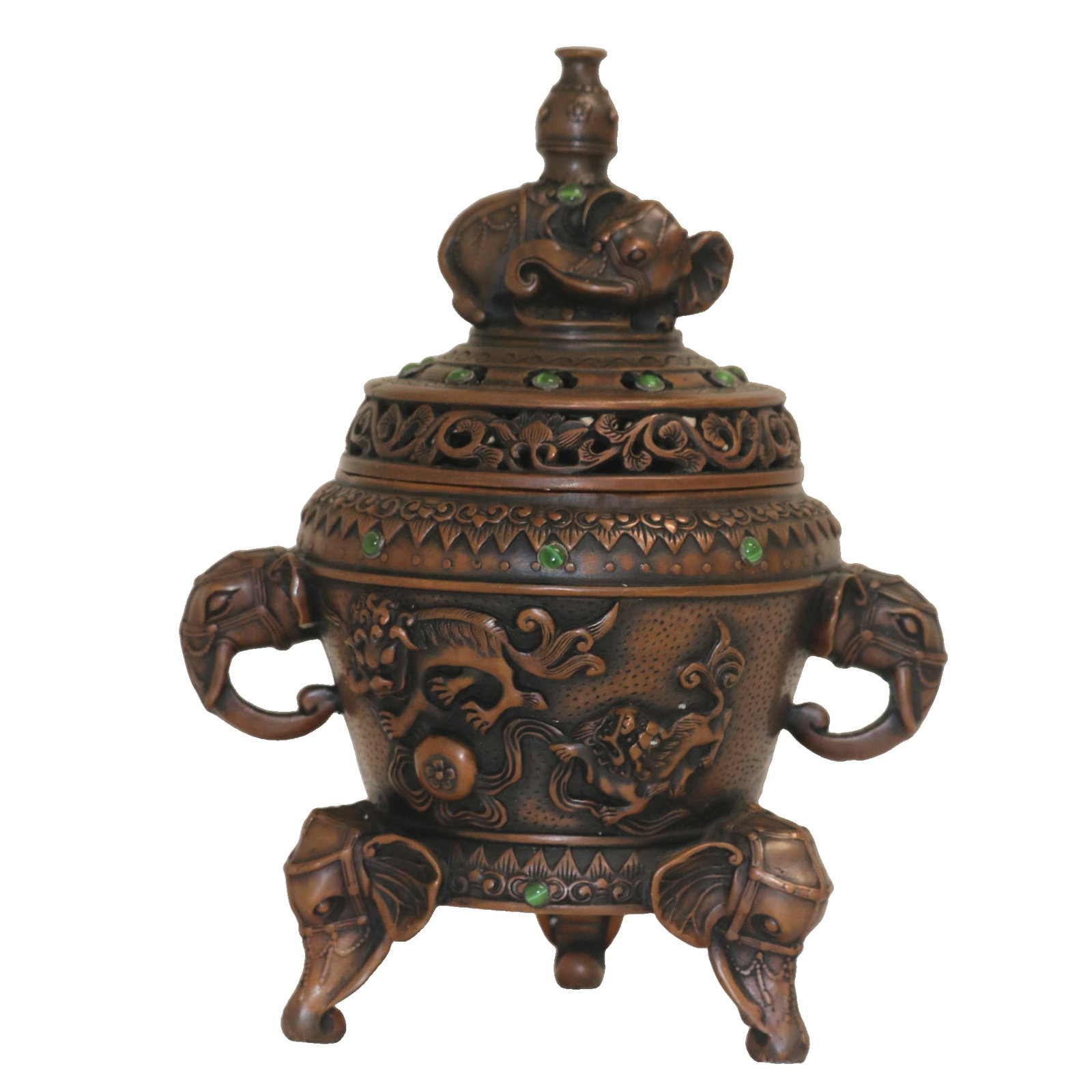 Bronze Incense Burner Inlaid with Gemstones from the Xuande Period of the Ming Dynasty: A bronze incense burner inlaid with gemstones, made during the Xuande reign of the Ming Dynasty. Material: Bronze Dimensions: Width 18cm, Height 28cm, Weight 1900g Finely crafted antique bronze