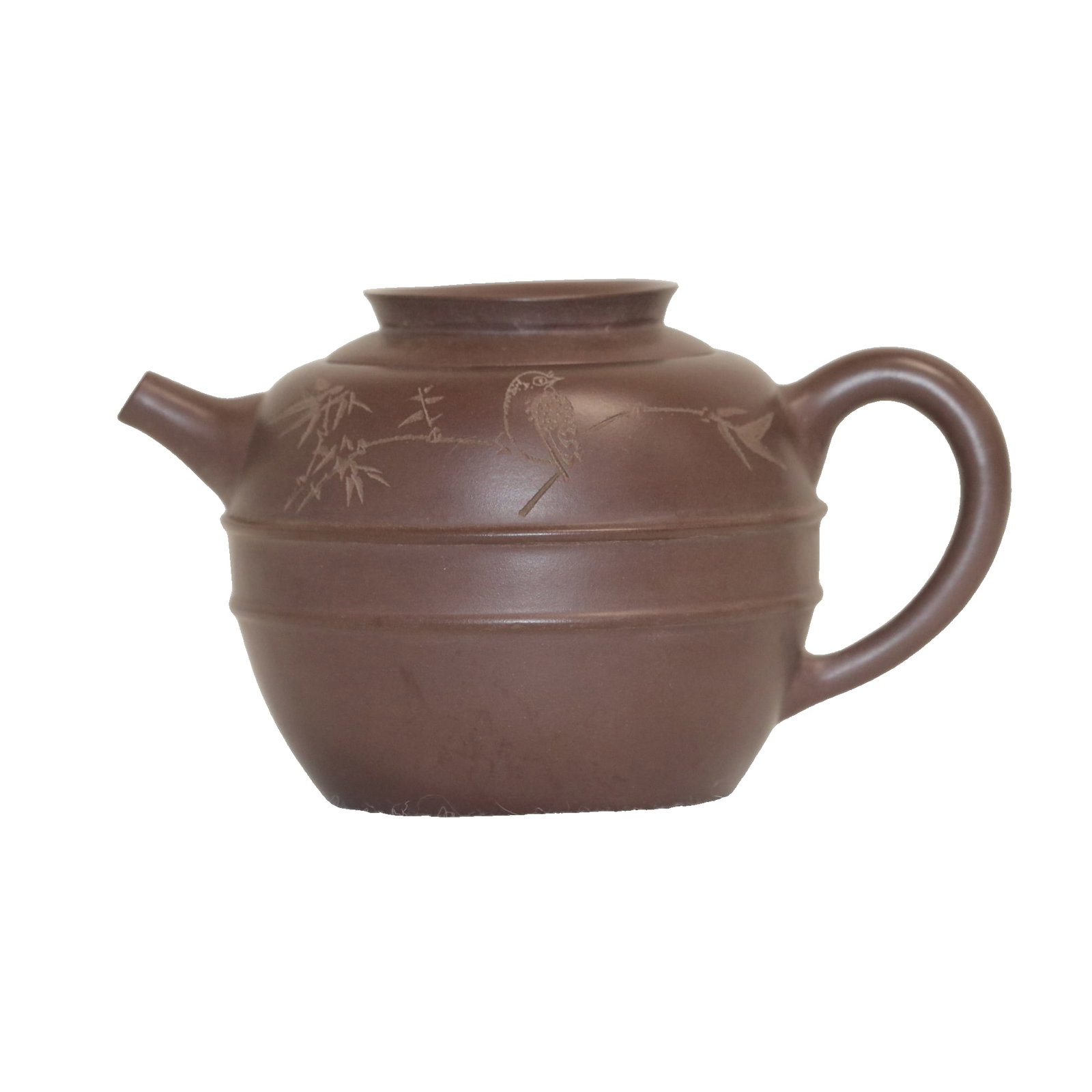 Made by Zhou Guizhen, Bamboo Charm Teapot (purple clay): This Zisha teapot, made by Zhou Guizhen, is crafted from original ore Zisha clay. It measures approximately 16cm in length, 10cm in width, and 9.5cm in height, weighing 310g. The shape is a flattened