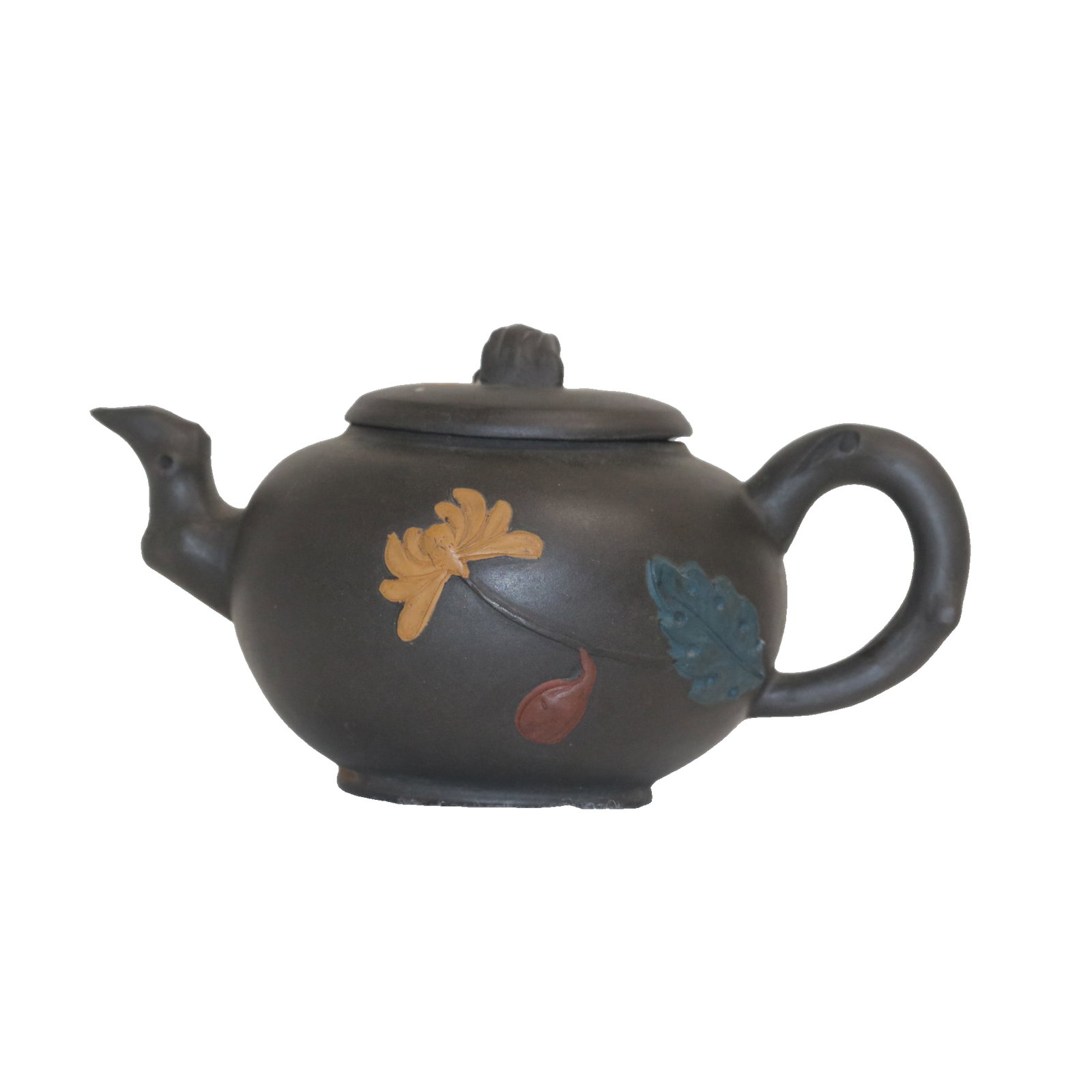 Made by Yang Jichu during the Qing Dynasty. (Colorful Leaf Autumn Song Teapot - Zisha): This Zisha teapot, made by Yang Jichu, is crafted from original black clay. It measures approximately 18cm in length, 10cm in width, and 10cm in height, weighing 365g. The shape is that of a round