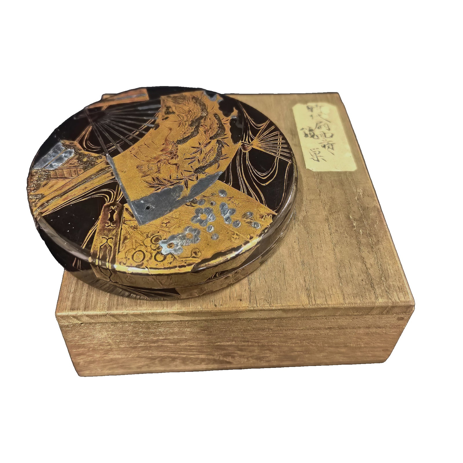 Japanese Pre-Showa Maki-e Lacquer Incense Box with Tomobako Fan Design (1 of 8)