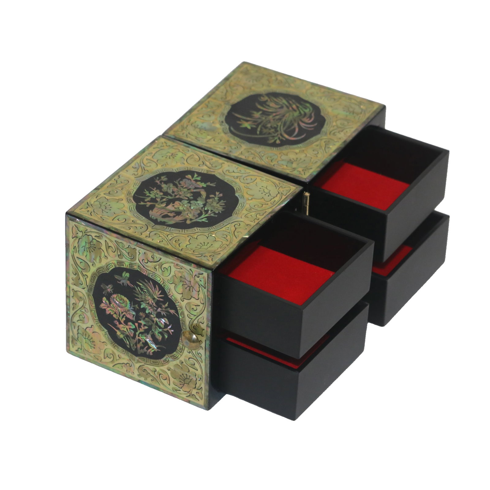 Vintage Korean Style Mother-of-Pearl Inlaid Lacquer Jewelry Cabinet: Finely crafted vintage lacquer jewelry cabinet featuring luminous mother-of-pearl inlay and intricate hand-finished decorative detailing throughout. The compact multi-drawer form reflects traditional