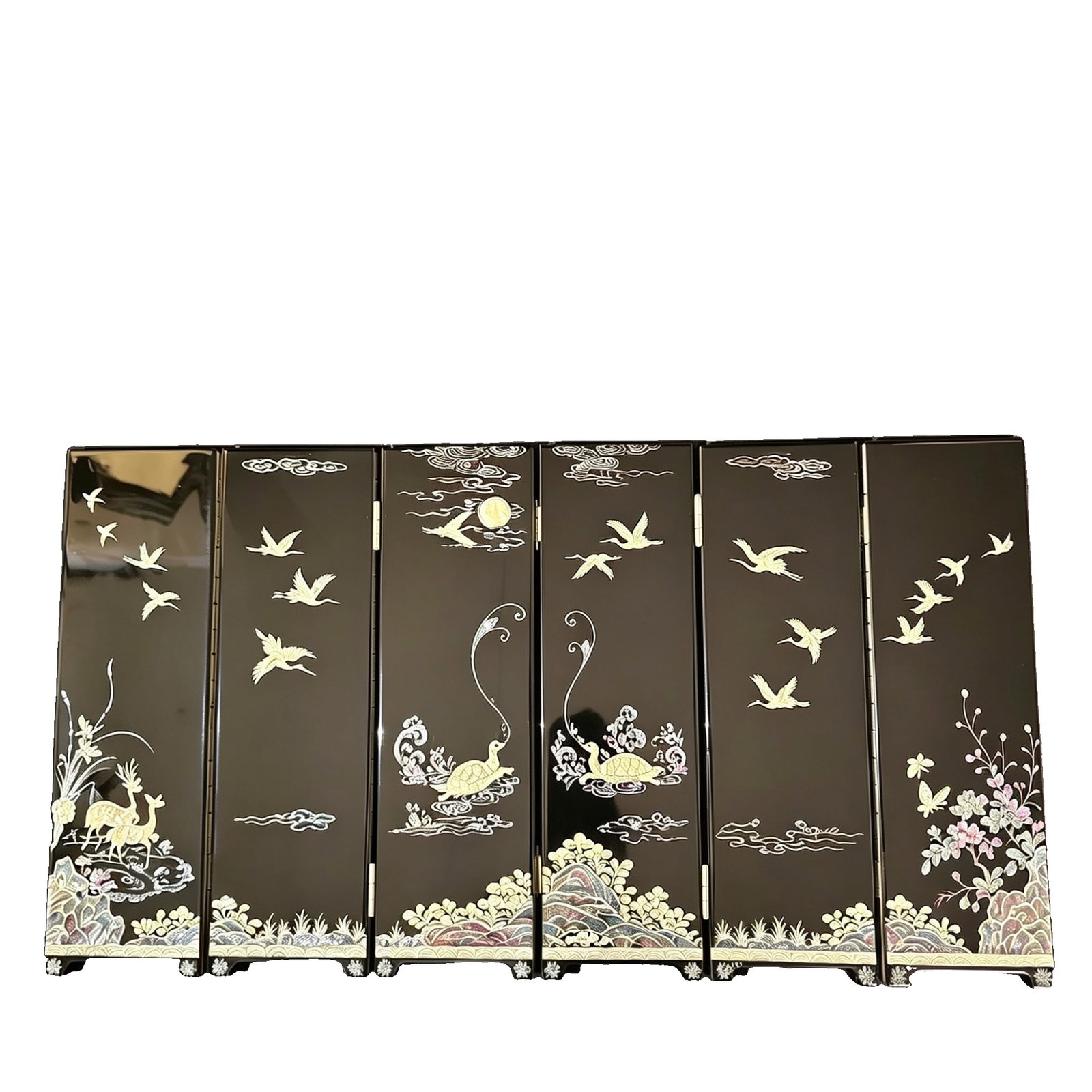 Vintage Japanese Lacquer Table Screen with Mother-of-Pearl Inlay: Fine vintage Japanese lacquer tabletop folding screen featuring intricate mother-of-pearl inlay decoration on both sides. One side presents richly detailed landscape, crane, deer, and floral scenes