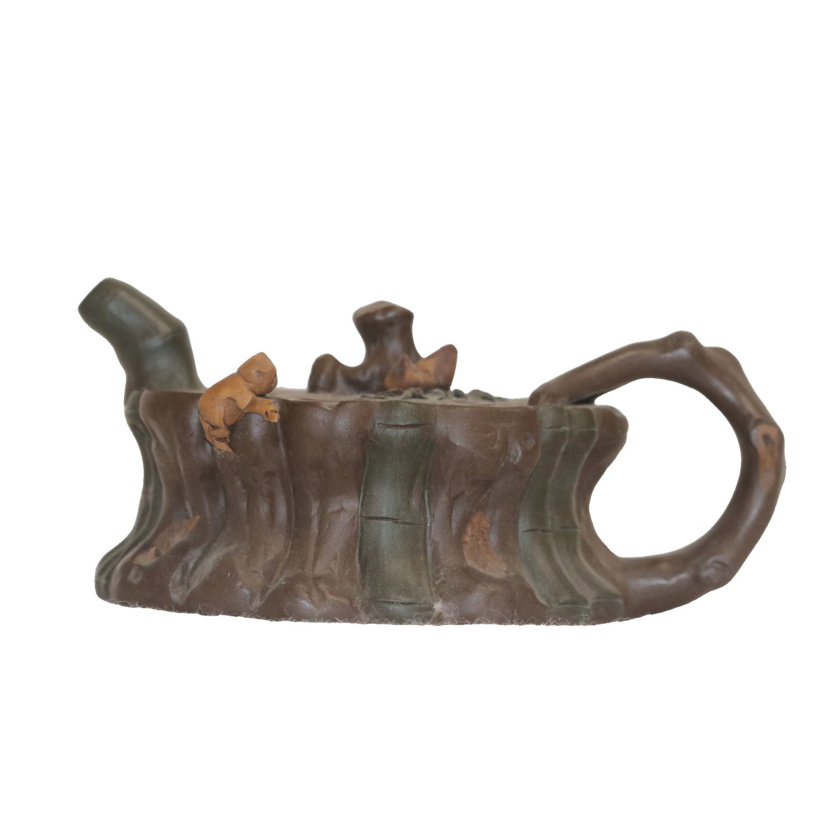 Made by Jiang Rong, Crouching Tiger, Hidden Dragon - Two-tone Zisha Teapot (20cm long): This Zisha teapot, made by Jiang Rong, measures 20cm long, 15cm wide, and 10cm high, weighing 630g. It features a two-tone combination of original ore purple clay (main material) and Duan clay (auxili