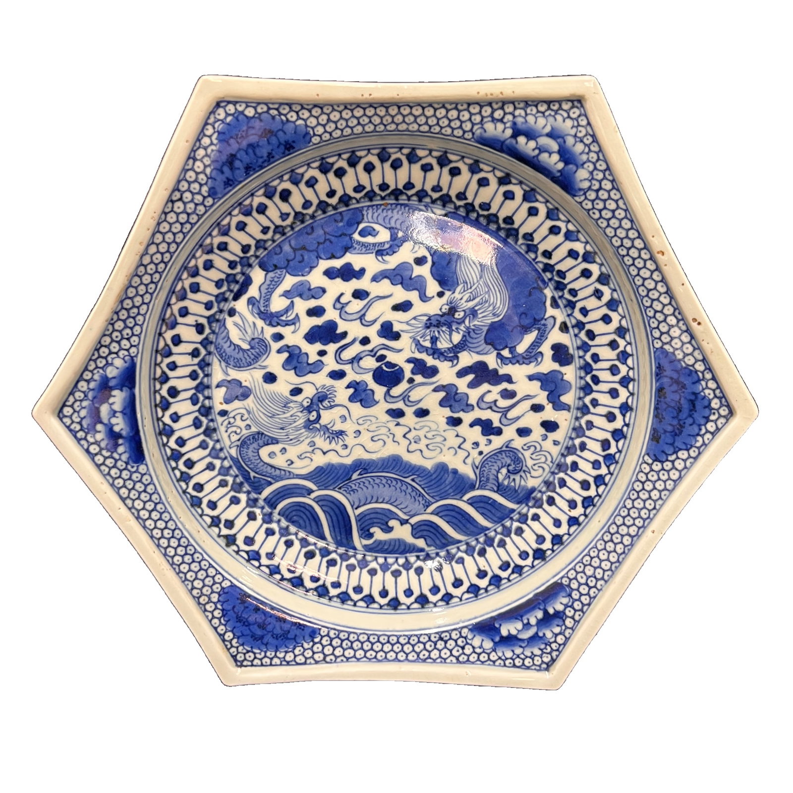 Ming Style Blue and White Double Dragon Hexagonal Charger Export Porcelain (1 of 18)