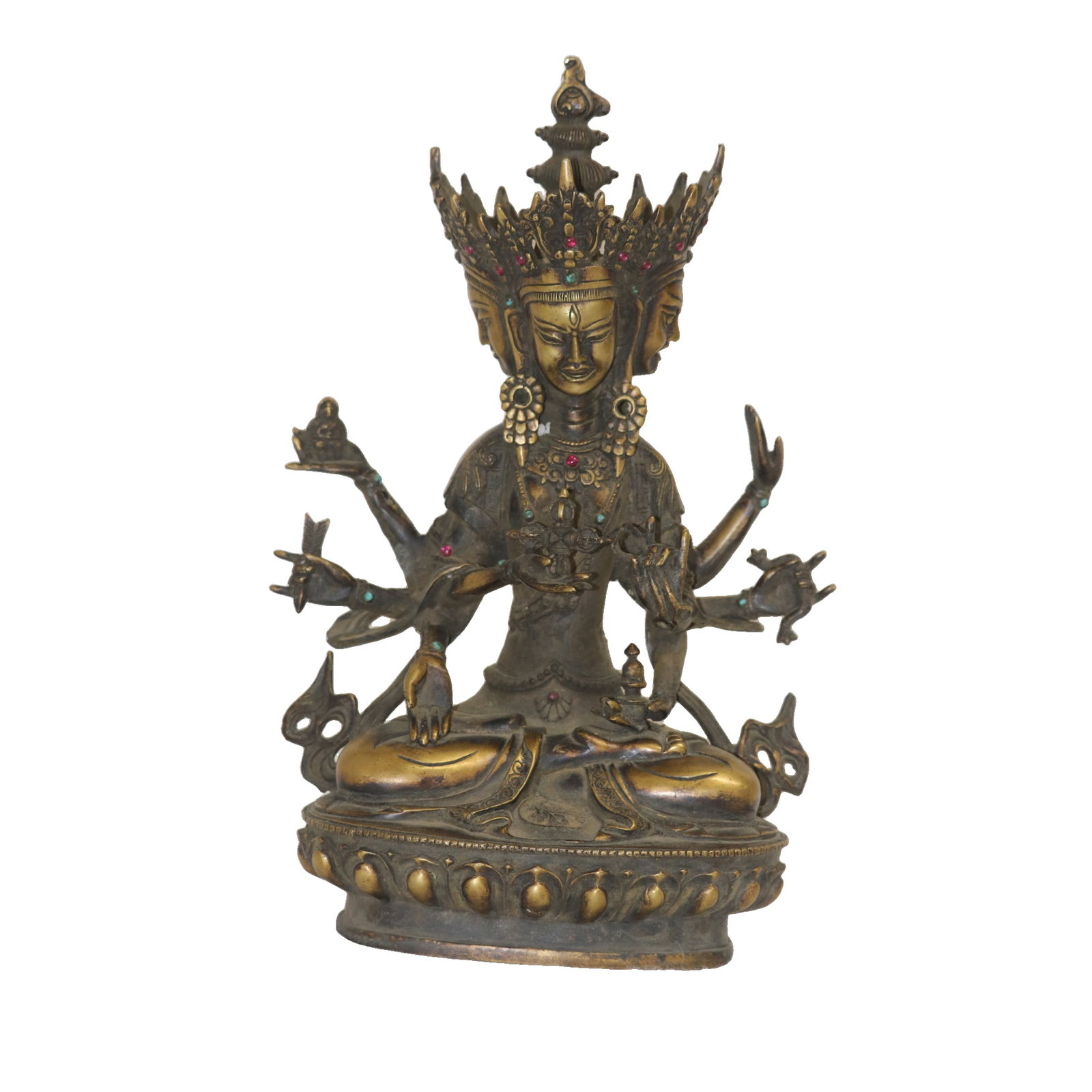 A gilt bronze seated statue of Guanyin with three faces and eight arms, inlaid with precious stones. (1 of 14)