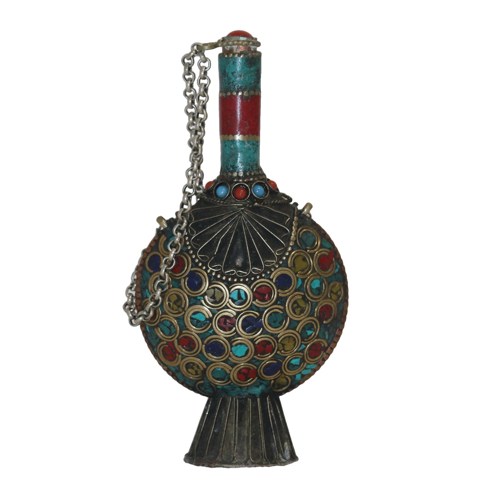 Nepalese handcrafted copper snuff bottle inlaid with gemstones (1 of 9)