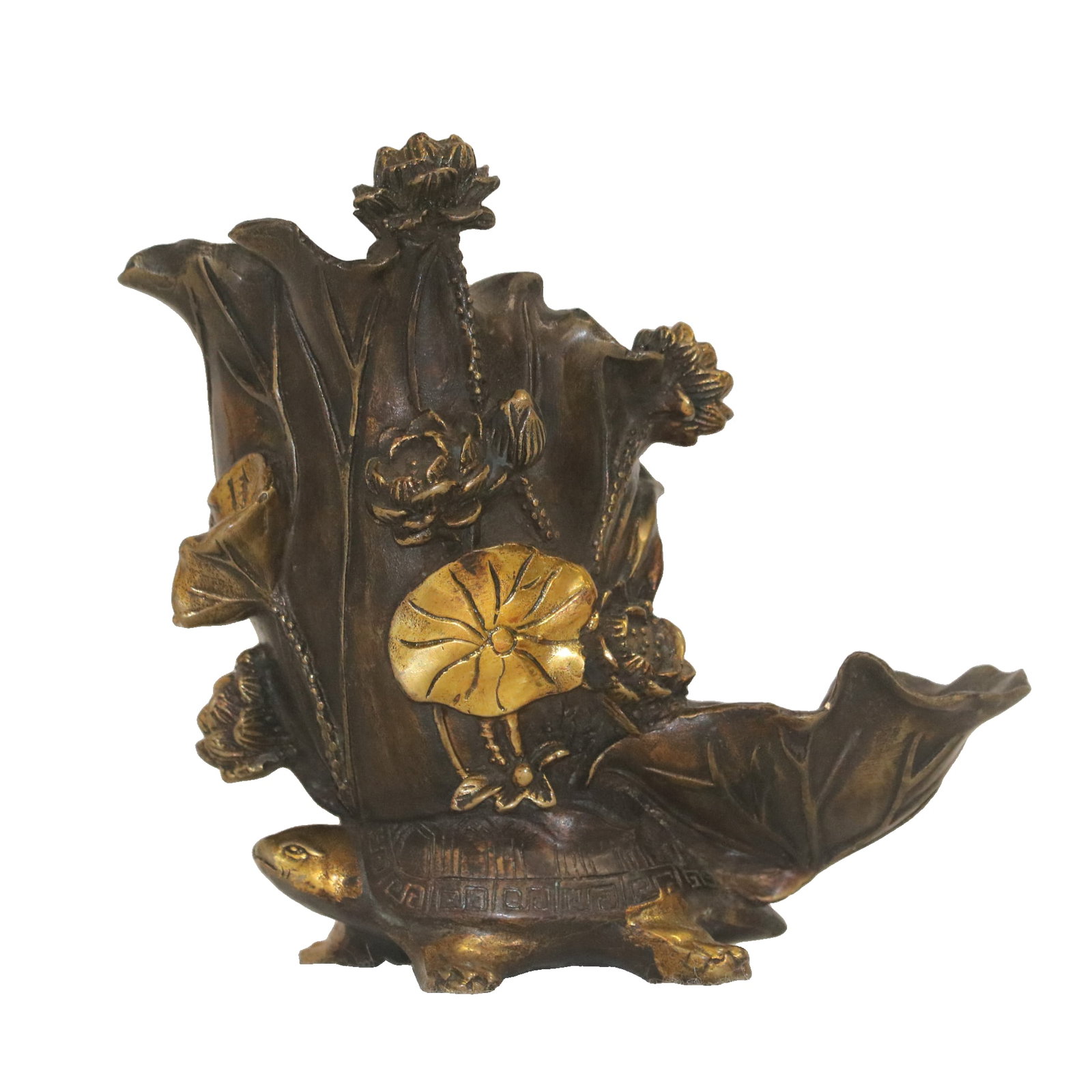Gilt bronze children playing with lotus flowers on a tortoise base ornament: This gilt bronze figurine of children playing with lotus flowers on a tortoise base measures approximately 16cm long, 10cm wide, and 15cm high, weighing 850g. Made of bronze with partial gilding, the 