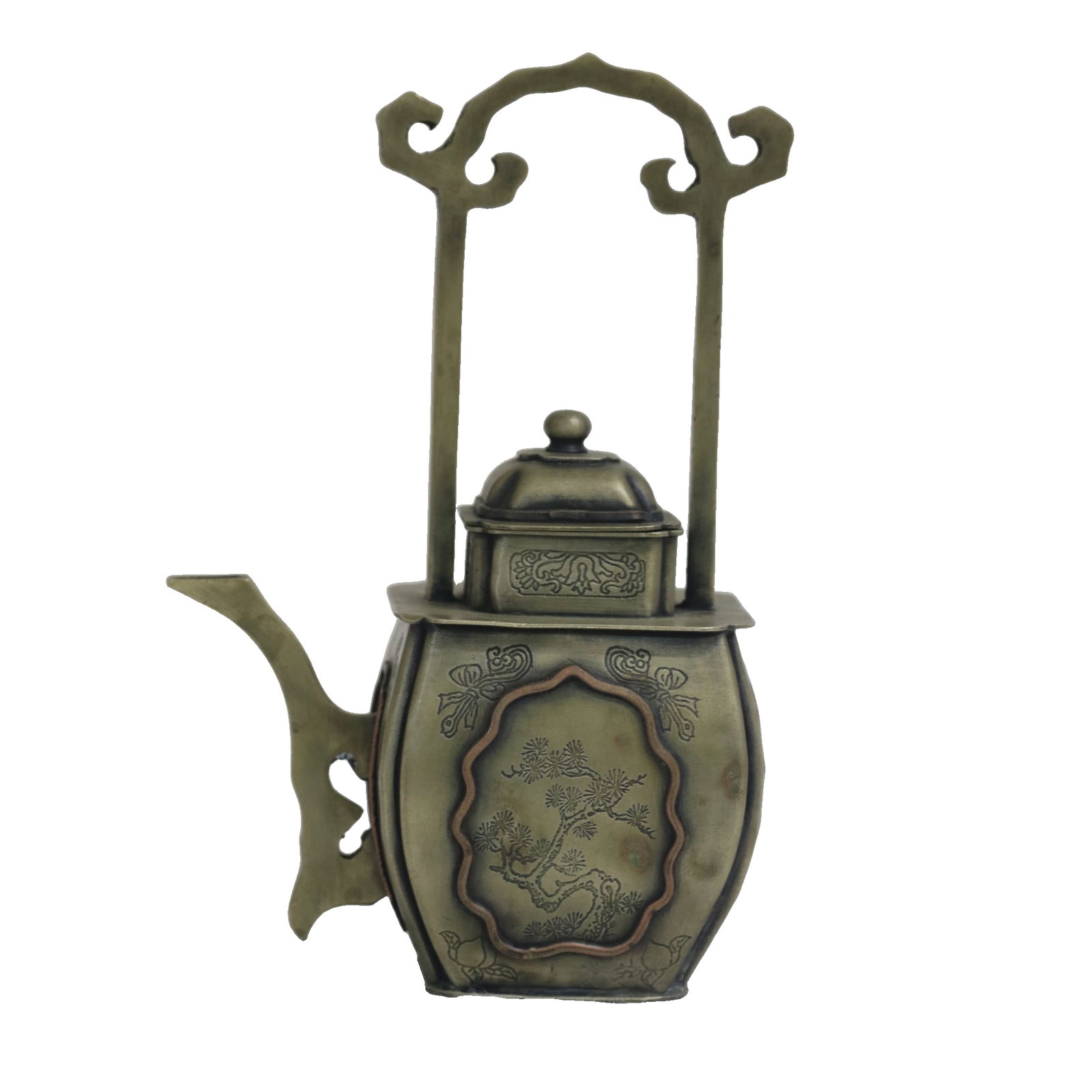 White copper teapot with pine, bamboo and plum blossom design.: This white bronze ewer with pine, bamboo, and plum blossom design measures approximately 12cm wide, 18cm high, and 8cm thick, weighing 440g. It is a fine example of traditional bronze craftsmanship. T