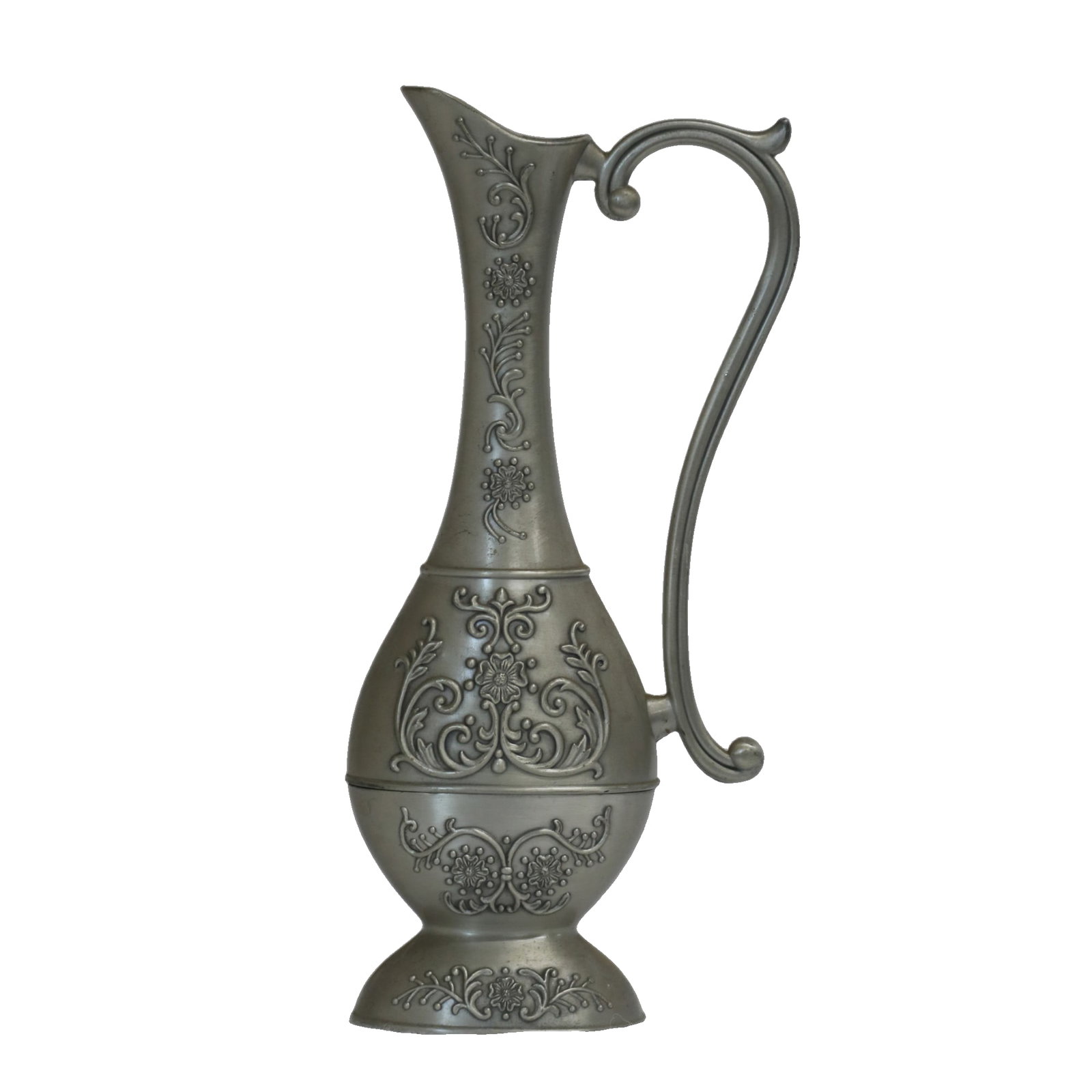 A tin ewer with engraved floral patterns, dating from the Qing Dynasty to the Republic of China: This pewter ewer, 6cm thick, 12cm wide, 27cm high, and weighing 410g, is a traditional metalwork vessel. The body features a slender, constricted neck, a drooping belly, and a ring foot, complemented 
