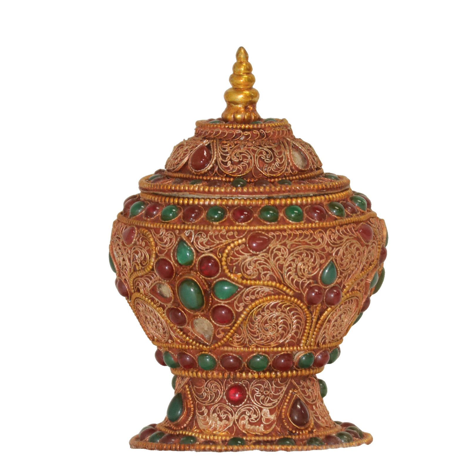 Nepalese handmade filigree inlaid gemstone reliquary jar/relic container (1 of 9)