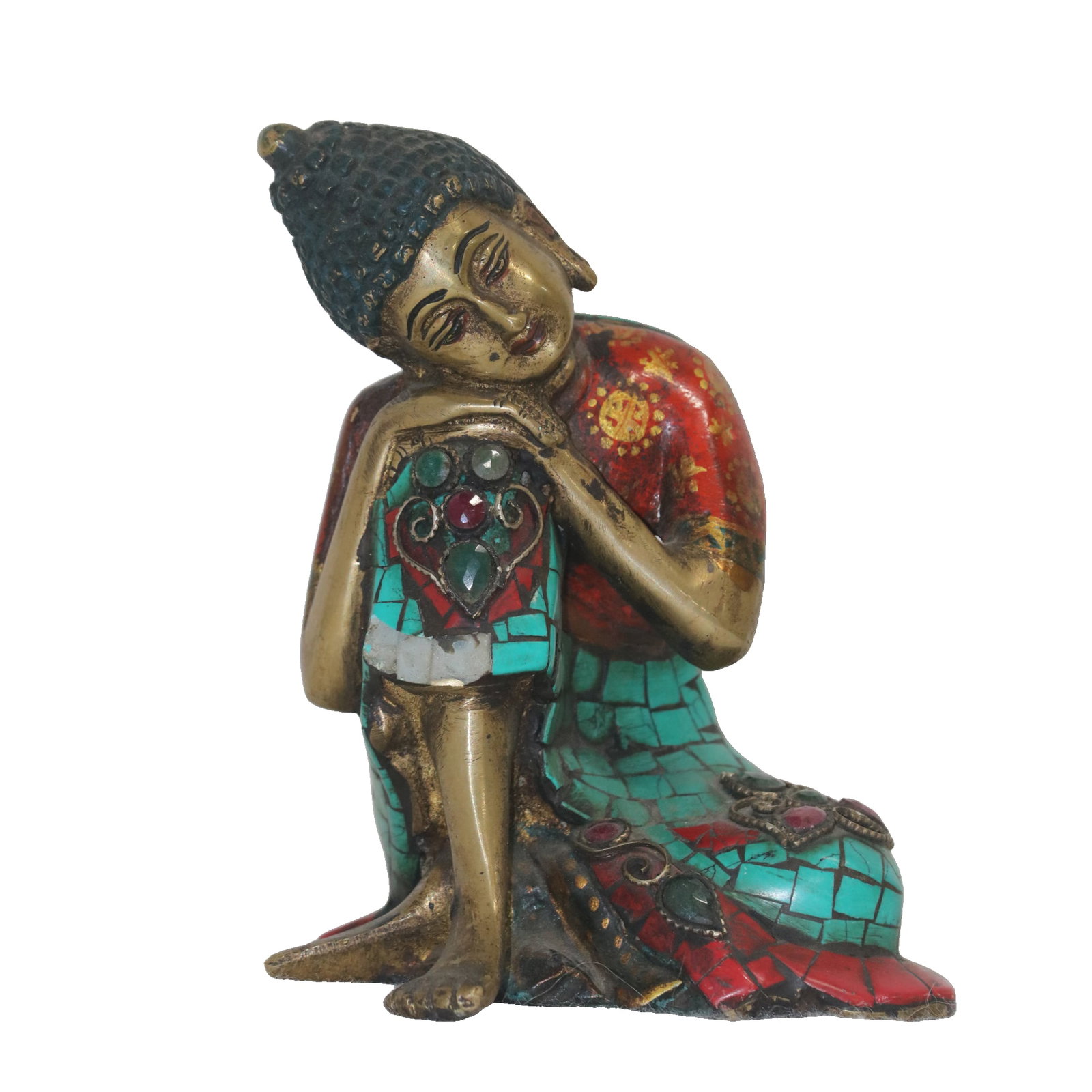 Tibetan pure copper, handcrafted, inlaid with gemstones, painted and gilded, reclining Buddha. (1 of 10)