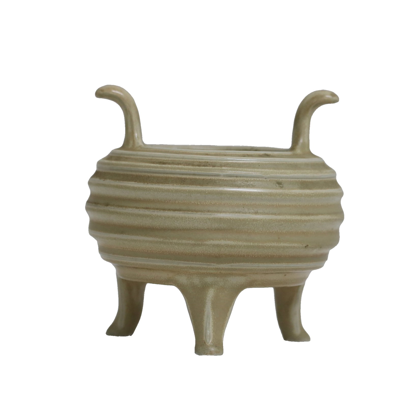 A Qianlong period (1736-1745) Ru-ware style double-eared tripod censer with string patterns: This Qianlong-era (1736-1745) imitation Ru-ware glazed tripod censer with string patterns and double handles measures 15cm in diameter, 15cm in height, and weighs 935g. Its shape imitates the bronze t