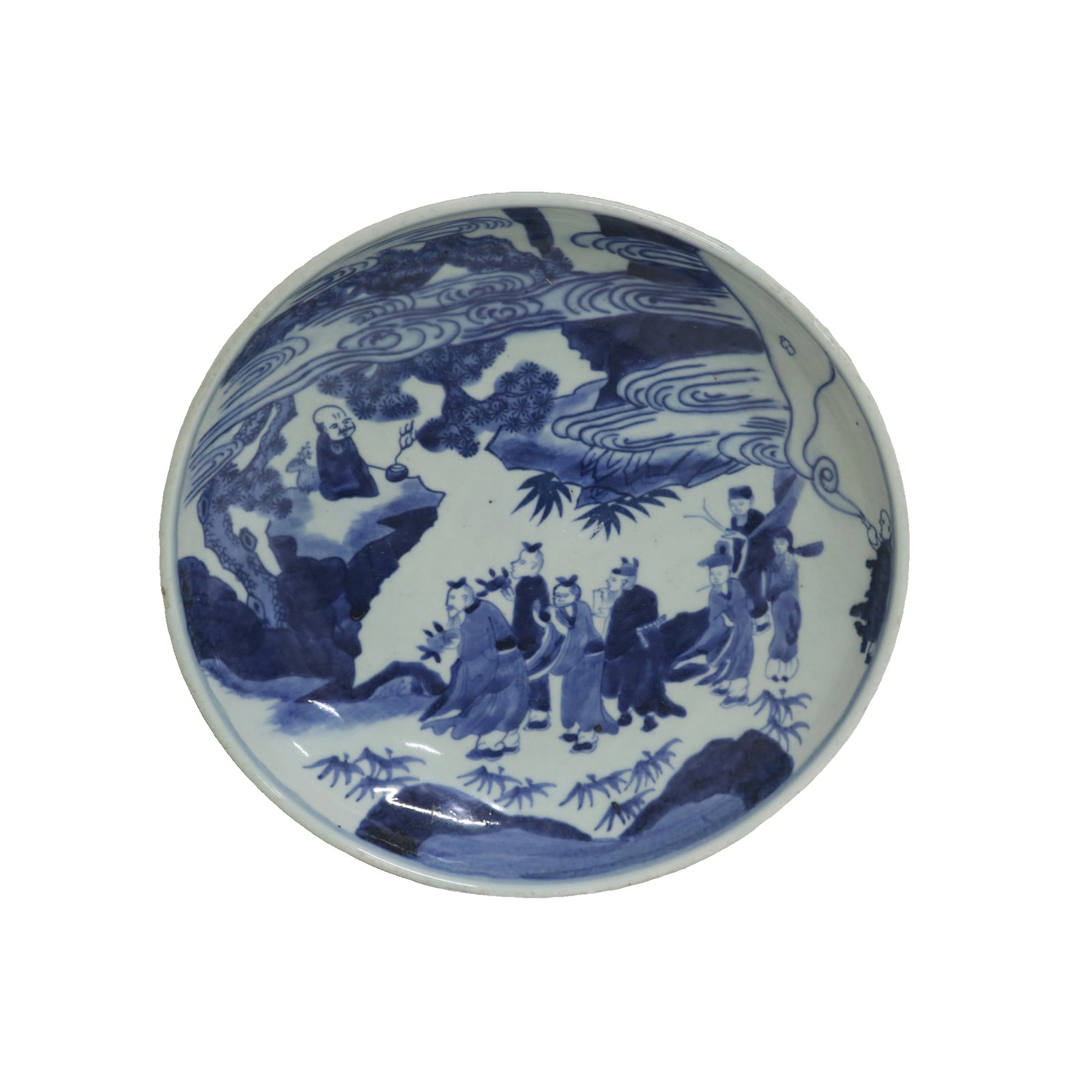 A large blue-and-white porcelain plate from the Kangxi period of the Qing Dynasty, featuring the: A large blue-and-white porcelain plate from the Kangxi period of the Qing dynasty, depicting the Eight Immortals celebrating a longevity birthday. Measuring 28cm in diameter, 6cm in height, and weighi