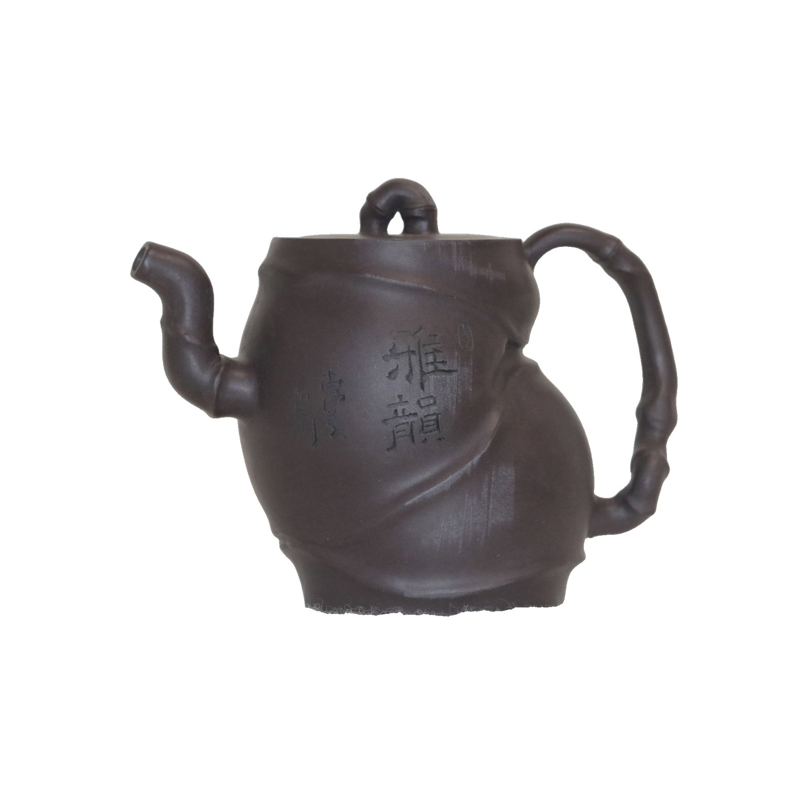 1946 Jin Ding Trademark Da Shui Tan Old Purple Clay Bamboo Joint Purple Clay Teapot: This Zisha teapot uses bamboo joints as its core design language. The body, spout, handle, and knob are all sculpted into the shape of natural bamboo joints, with smooth and graceful lines, resembling