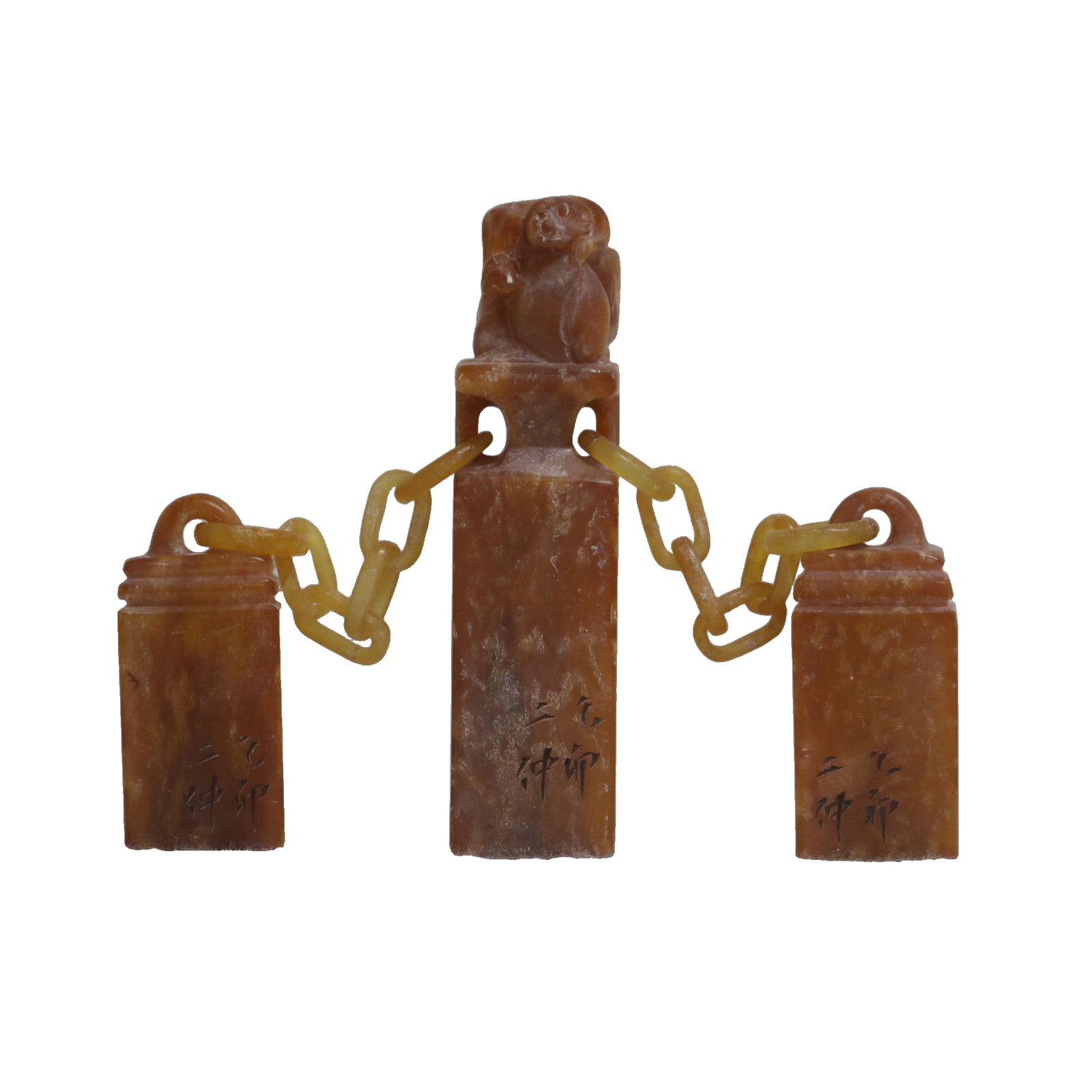 Shoushan stone auspicious beast knob three-piece seal (with original brocade box) (1 of 9)