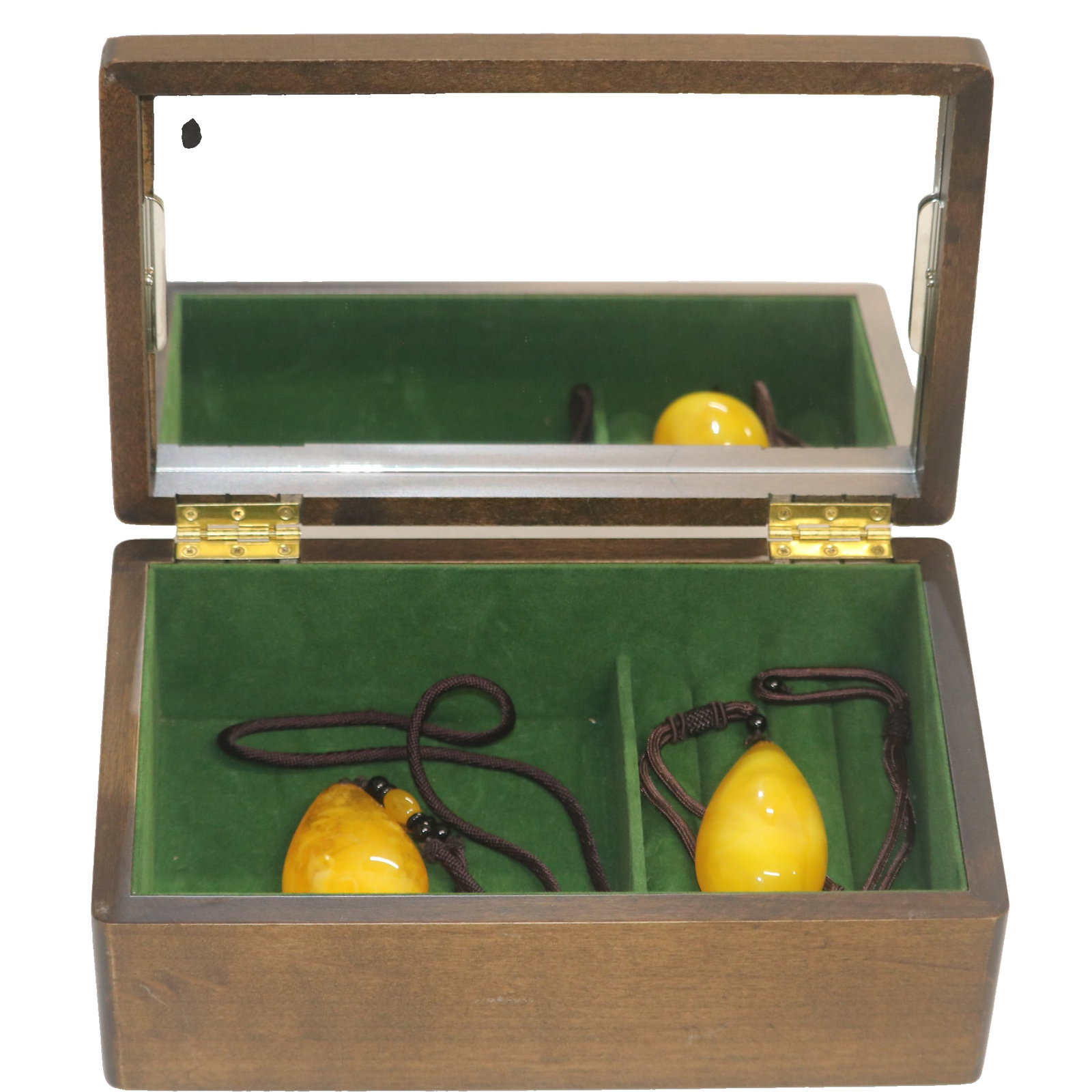 Two amber and beeswax pendants with boxes: Two amber/beeswax pendants with boxes. Dimensions: Length 6cm, Width 4cm, Weight 45g Length 7cm, Width 4cm, Weight 35g