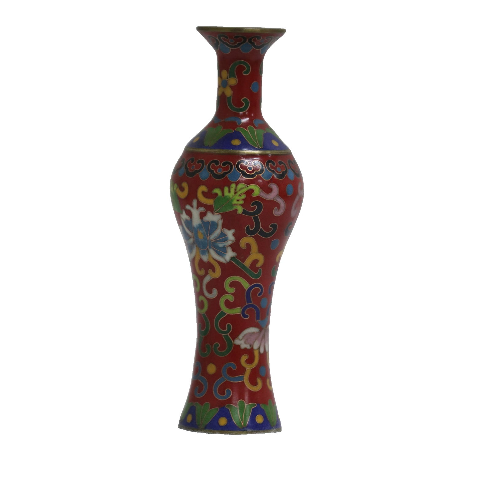 A Ming Dynasty Xuande period cloisonne enamel vase with lotus scroll design.: This exquisite cloisonne enamel vase is a fine example of its kind from the Xuande period of the Ming Dynasty. The entire vase is covered in a deep red enamel base, rich and vibrant. Its shape is dign