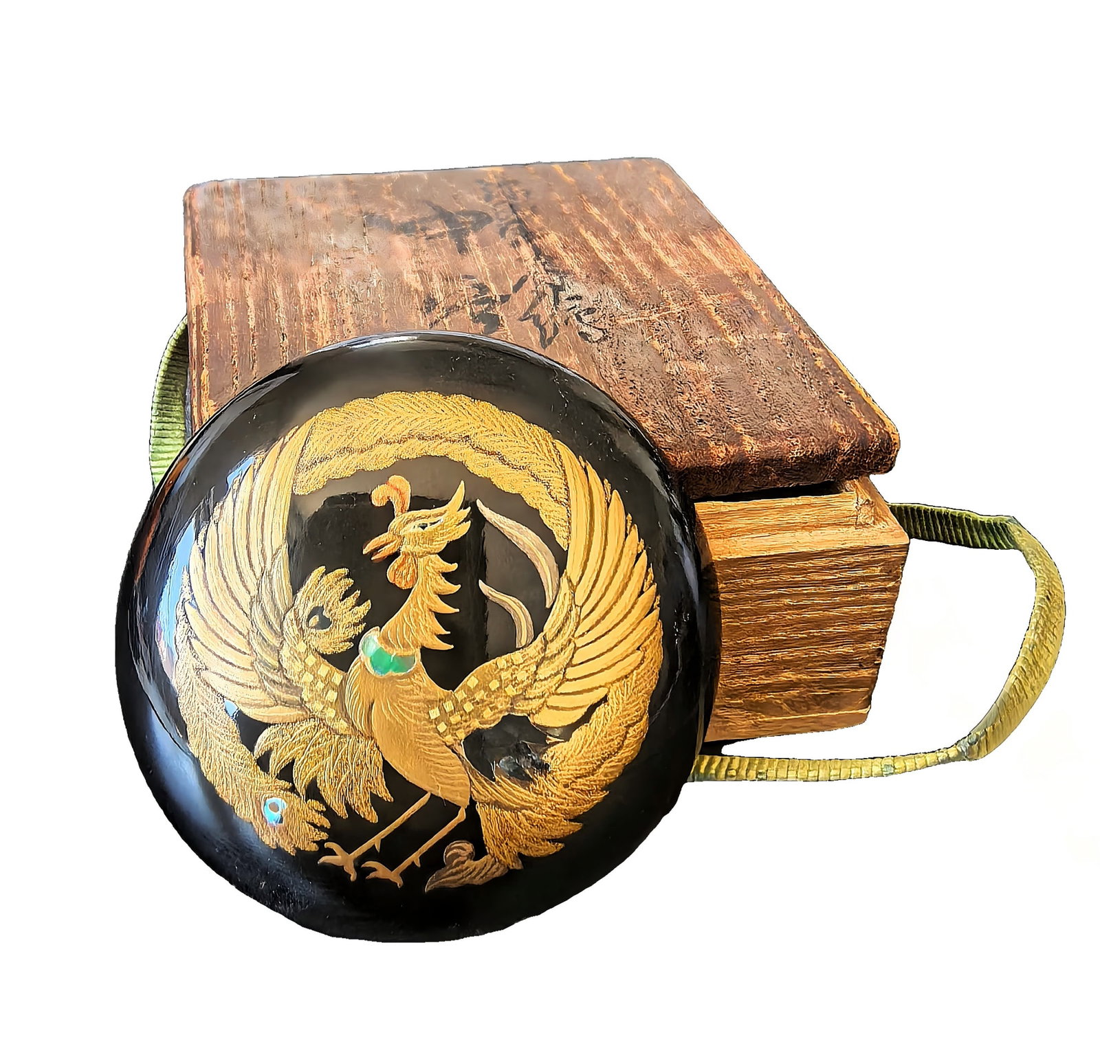 Japanese Black Lacquer Phoenix Maki-e Covered Box with Tomobako, Showa Period (1 of 10)