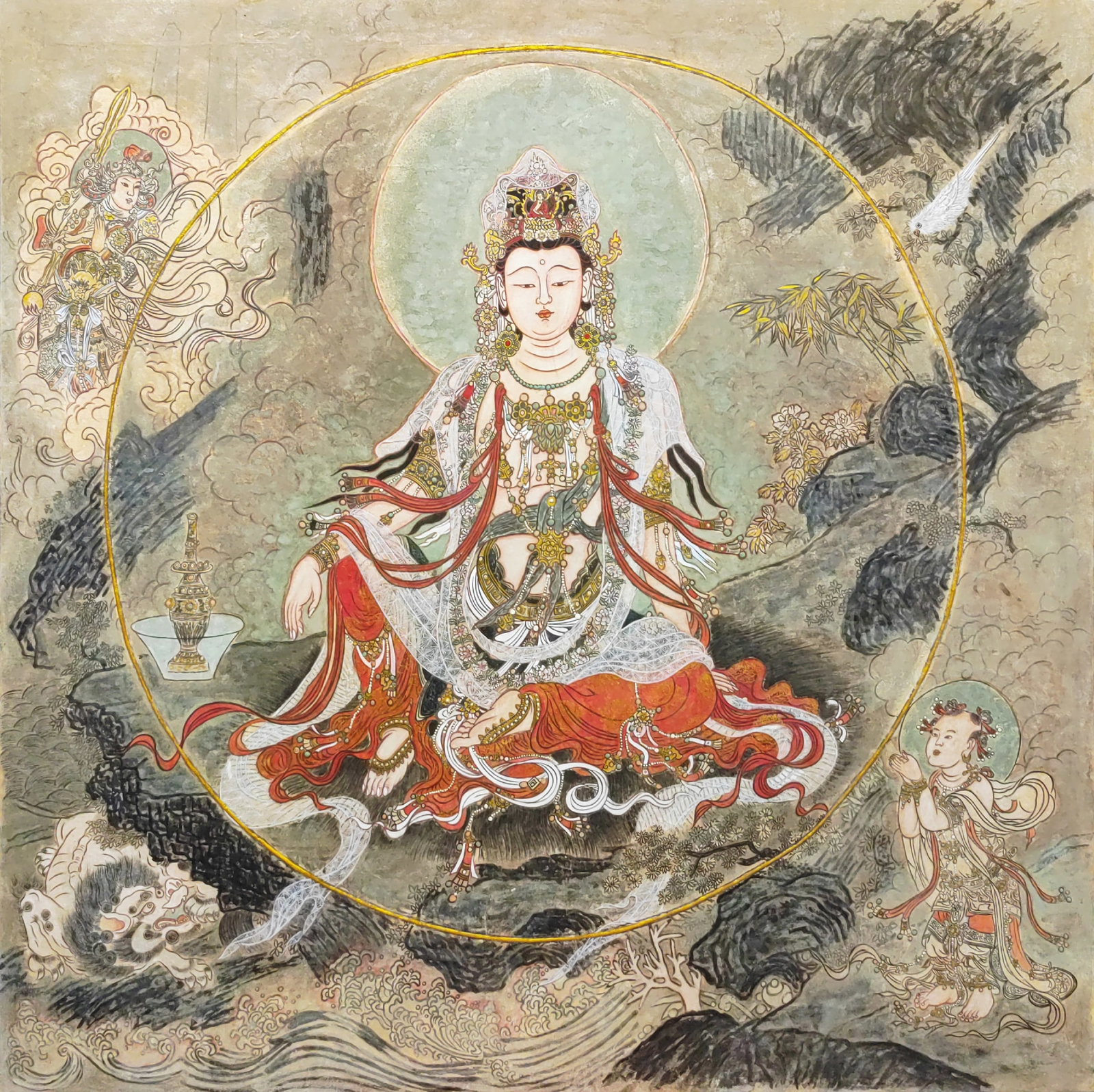 Chen Yan Water-Moon Guanyin Painting, Large Buddhist Artwork: Large Chinese Buddhist painting titled Water-Moon Guanyin by contemporary artist Chen Yan (Chen Yan ).The artist is known for her academic background in fine arts and specialization in traditional Bud
