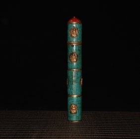 Pure copper inlaid turquoise incense stick ornament: Pure copper inlaid turquoise incense stick ornament. Fine workmanship, thick patina, exquisite skin, and appearance as shown in the picture. 4x27cm