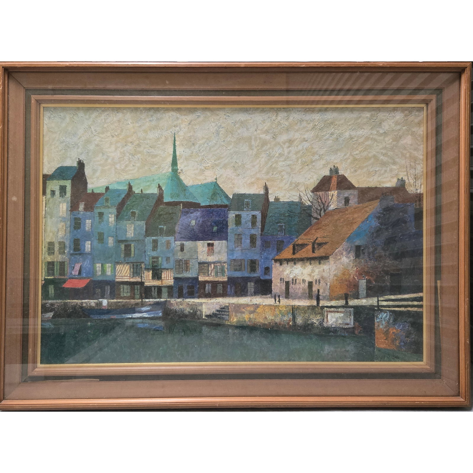 Josep Maria Vayreda Canadell Honfleur Harbor Oil Painting, Framed: Large framed oil painting by Spanish landscape painter Josep Maria Vayreda Canadell (1932?C2001), depicting the historic harbor town of Honfleur, Normandy, France. Executed in the artist??s characteri