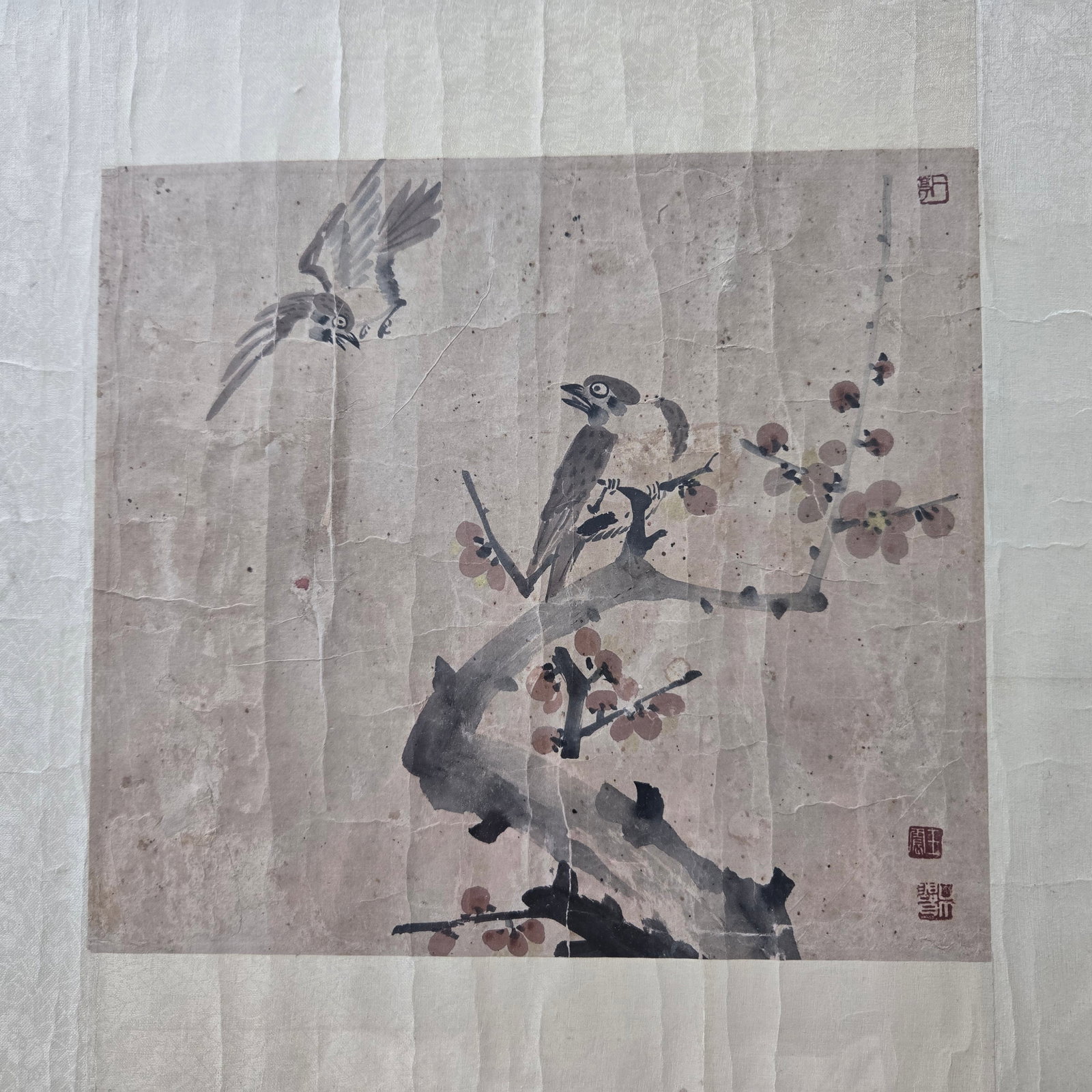 Wang Zhen (Wang Yiting) Plum Blossom & Sparrow Painting, Framed (1 of 7)