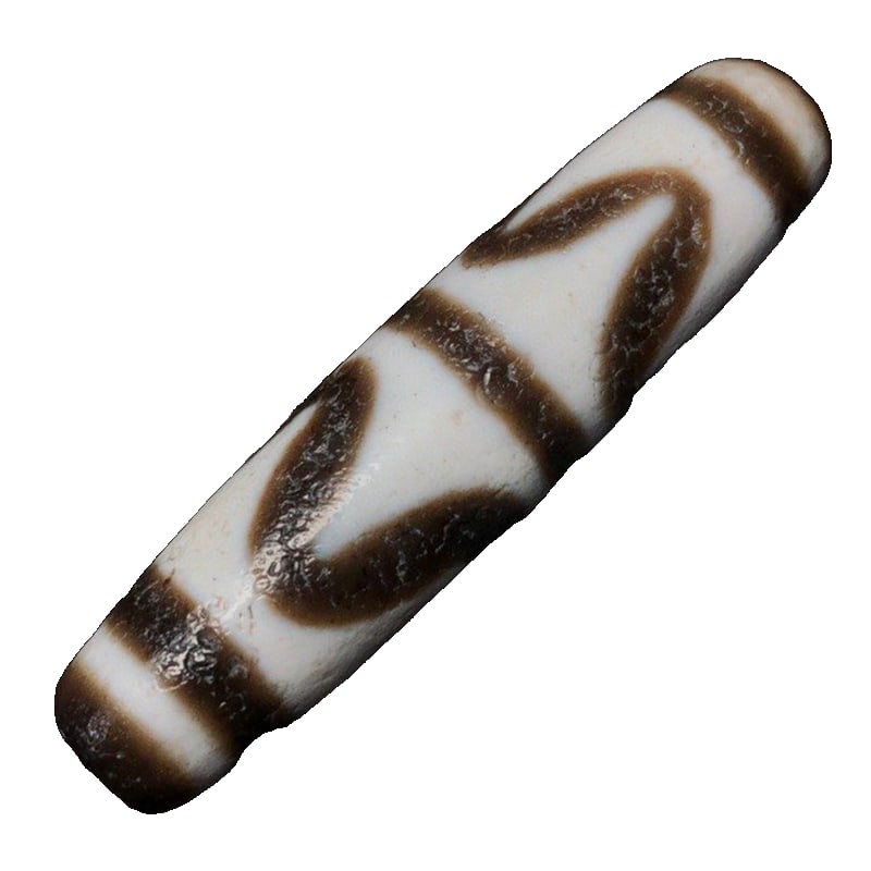 Tiger Tooth Dzi Beads: Tiger Tooth Dzi Bead, Size: 54*13mm, Weight: 14.9gA sacred Dzi bead that can transform fortune. This ancient bead features a rich, mellow patina with traces of weathering and delicate orange peel text