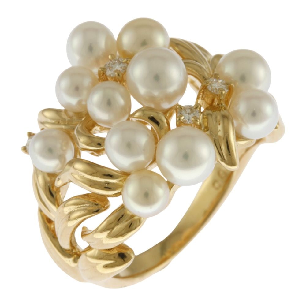 Second-hand - Hollow Ring Size 12 18K Yellow Gold Pearl Diamond 0.09 Carat: Type: Hollow Recipient: Women Color: Gold Season: Suitable for all seasons Weight: Approximately 9.6 grams Gemstones: Pearl / Diamonds (approximately 0.09 carats) Size: 12 Ring Width: Approximately 18