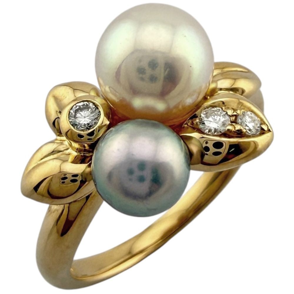 Second-hand - TASAKI ring, size 8.5, 18K yellow gold, diamond, women's style.: Brand: TASAKI Target: Women Color: Gold Season: Suitable for all seasons Weight: Approximately 4.5 grams Origin: Japan Gemstones: Diamonds (approximately 0.06 carats) / Pearls Size: 8.5 Ring Width: Ap