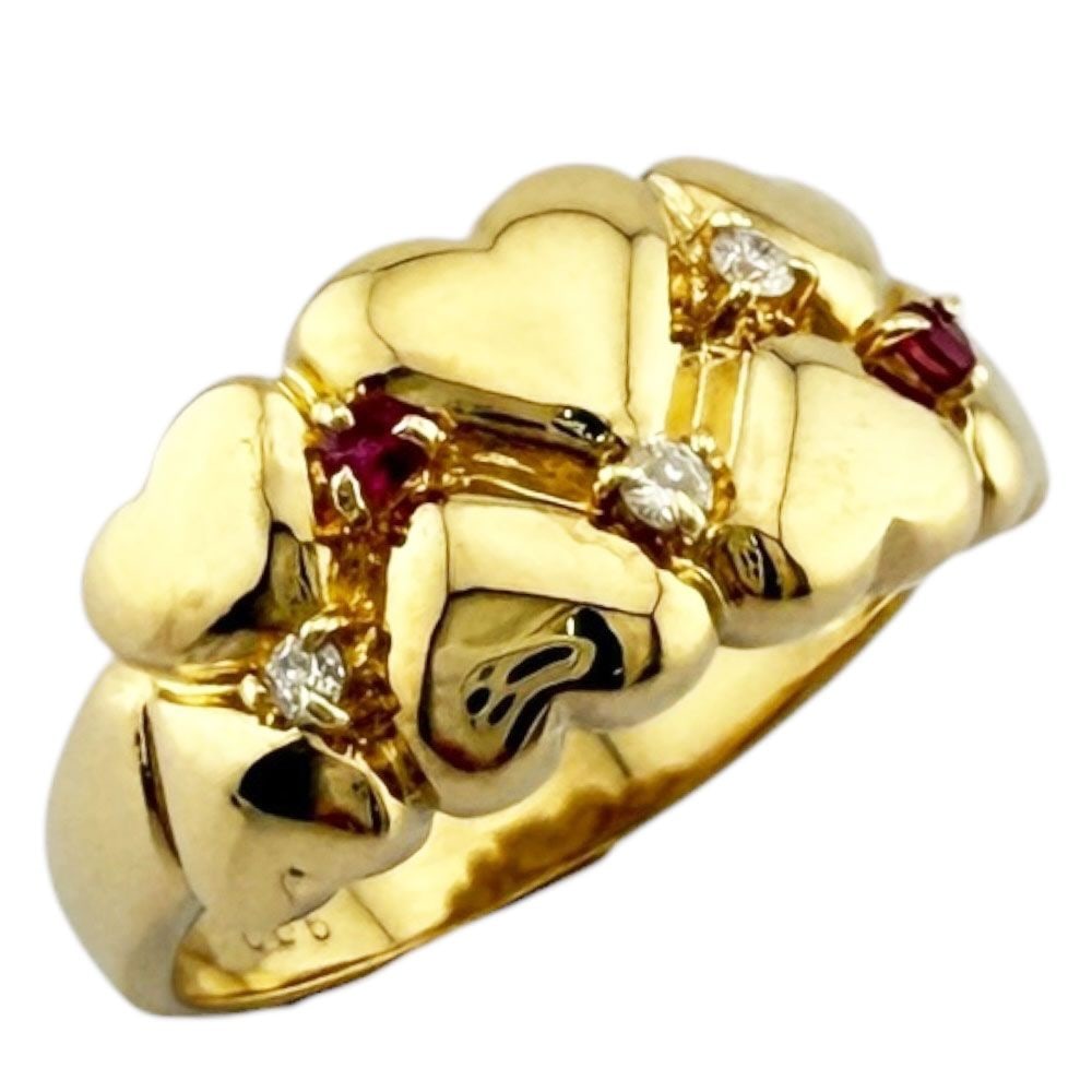 Second-hand - Ring, size 11, 18K gold, K18 yellow gold, diamond, for women.: Color: Gold Season: Suitable for all seasons Weight: Approximately 4.3 grams Origin: Japan Gemstones: Diamond (approximately 0.05 carats) / Ruby Size: Size 11 / Adjustable size (approximately ±2 size