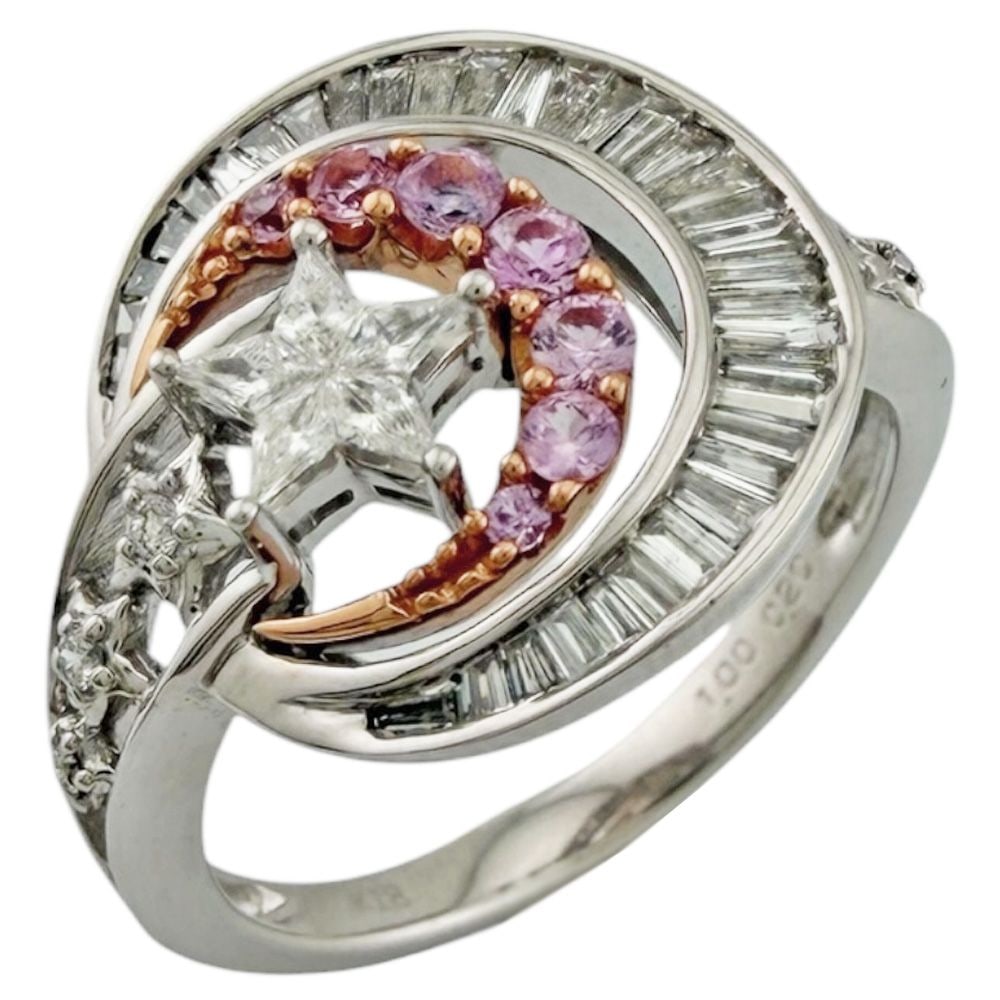 Second-hand - Ring, 13 size, 18K white gold, diamond, for women.: Type: Star Moon Target: Women Color: Silver Season: Suitable for all seasons Weight: Approximately 4.7 grams Country of Origin: Japan Gemstones: Diamonds (approximately 1.00 carats) / Pink sapphires (