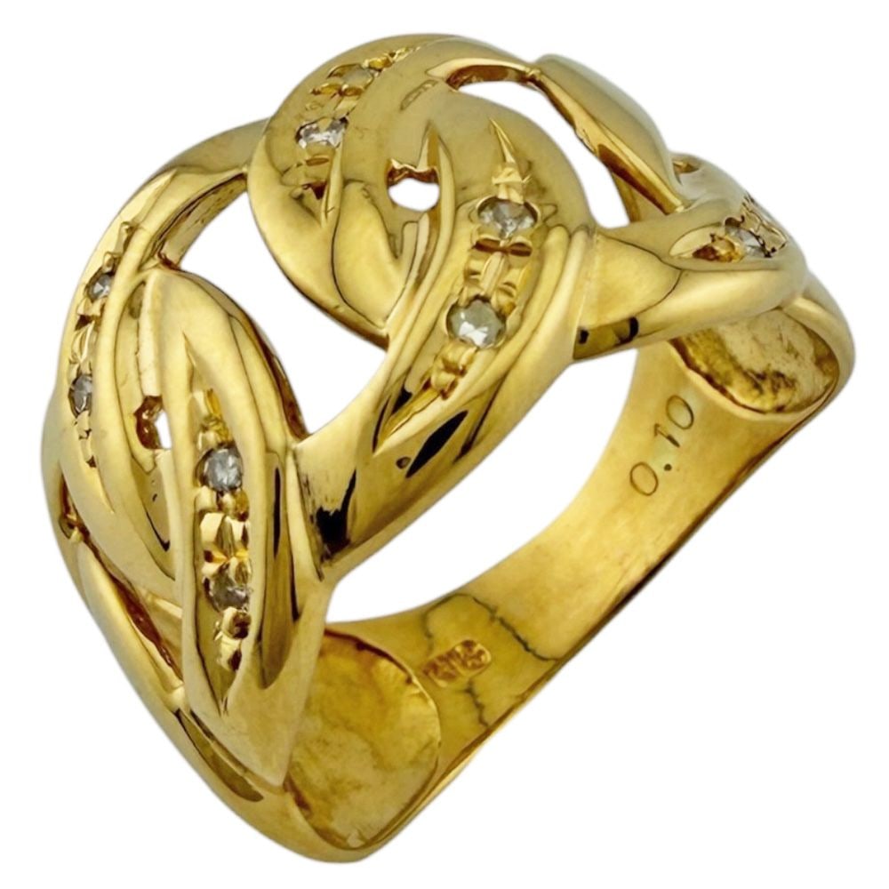 Second-hand - Ring, size 11.5, 18K yellow gold, with diamonds, for women.: Color: Gold Season: Suitable for all seasons Weight: Approximately 4.8 grams Origin: Japan Diamond Weight: Approximately 0.10 carats Size: 11.5 Ring Width: Approximately 12.0-4.0 millimeters Material: