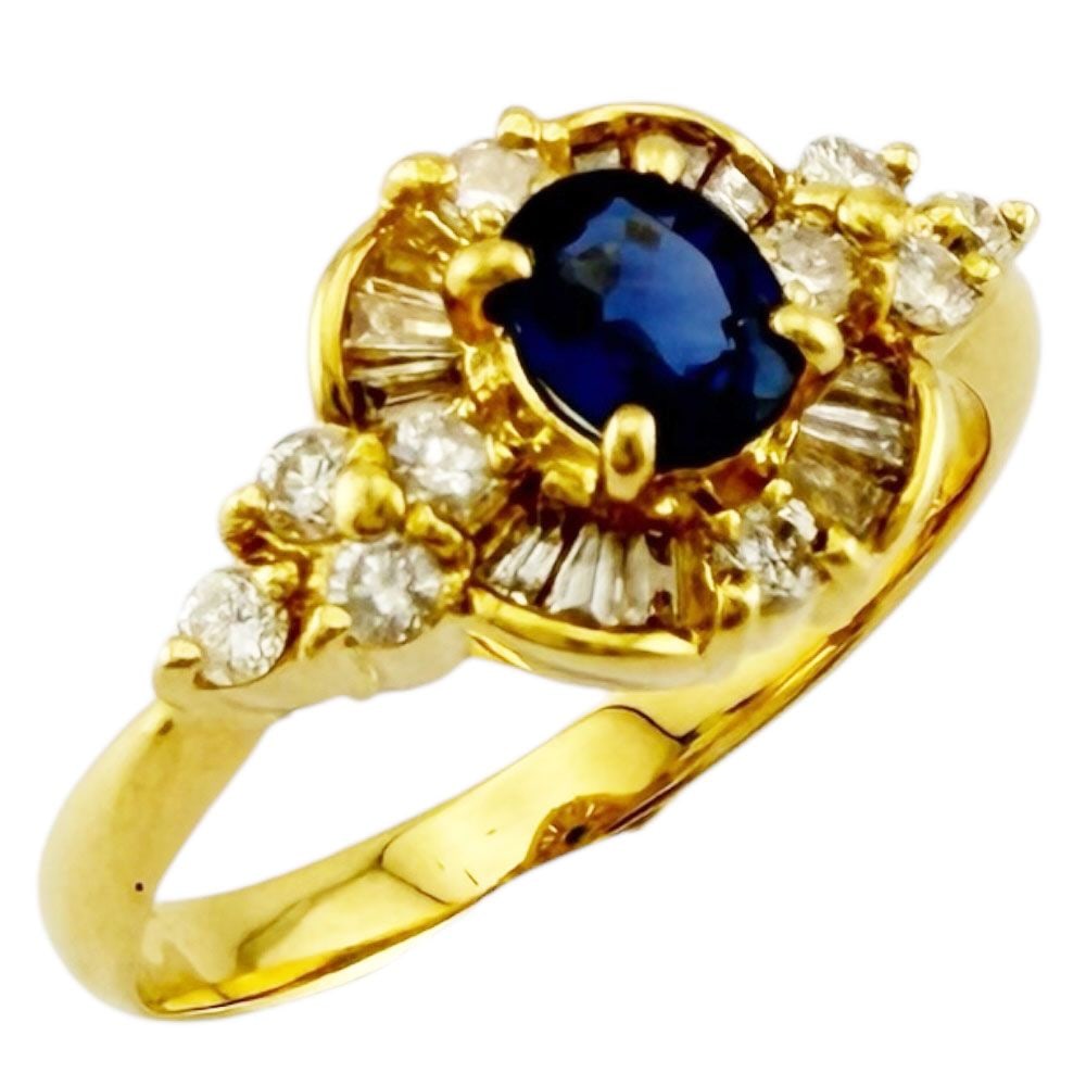 Second-hand - Ring, size 11.5, 18K gold, K18 yellow gold, sapphire, for women.: Color: Gold Season: Suitable for all seasons Weight: Approximately 3.5 grams Origin: Japan Gemstones: Sapphire (approximately 0.45 carats) / Diamonds (approximately 0.36 carats) Size: 11.5 / Adjustabl