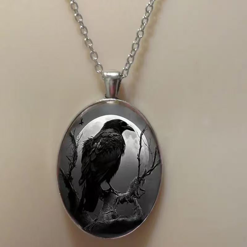 Punk Black Phantom Raven Bird Gothic Oval DIY Pendant Necklace: Punk-inspired black gothic oval DIY pendant necklace with raven and bird design, suitable for everyday wear. Pendant size: 4.5 x 2.6 cm.
