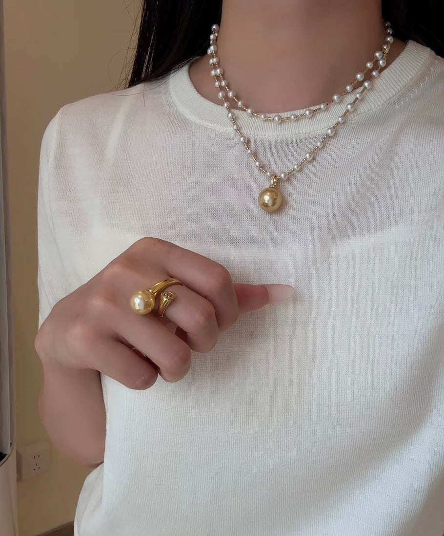Natural Golden Seawater Pearl & Akoya Pearl Long Necklace with Pearl Pendant, Certificate Included - 16