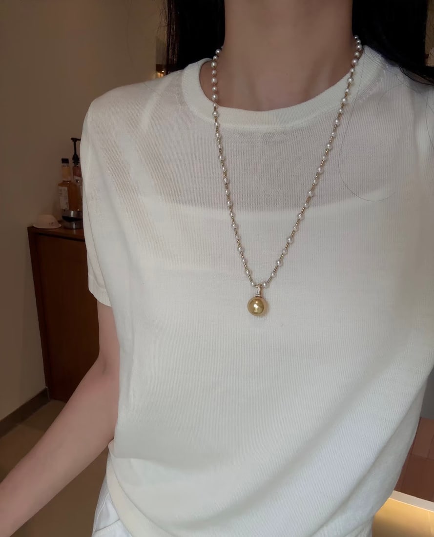Natural Golden Seawater Pearl & Akoya Pearl Long Necklace with Pearl Pendant, Certificate Included - 18