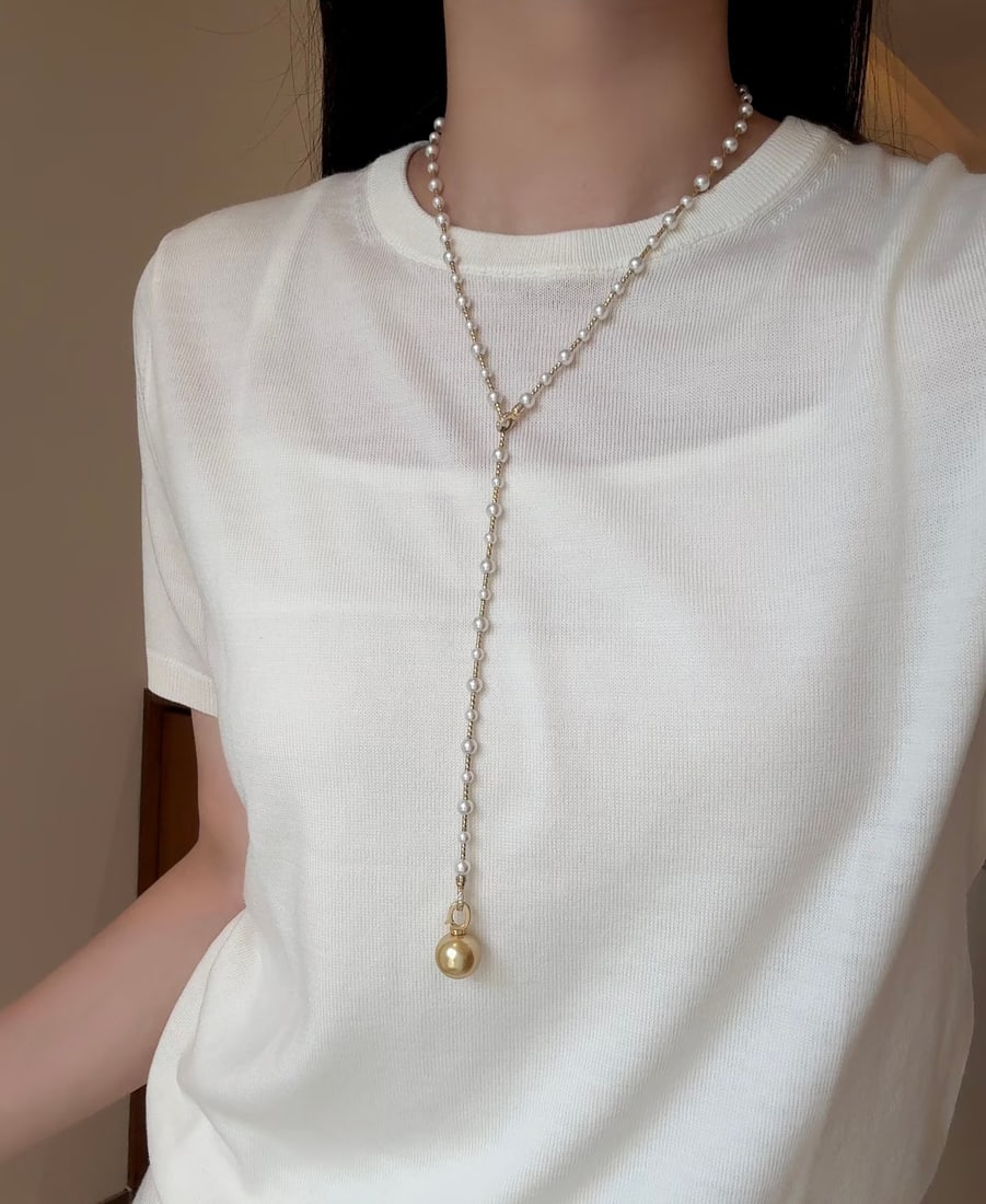 Natural Golden Seawater Pearl & Akoya Pearl Long Necklace with Pearl Pendant, Certificate Included - 19