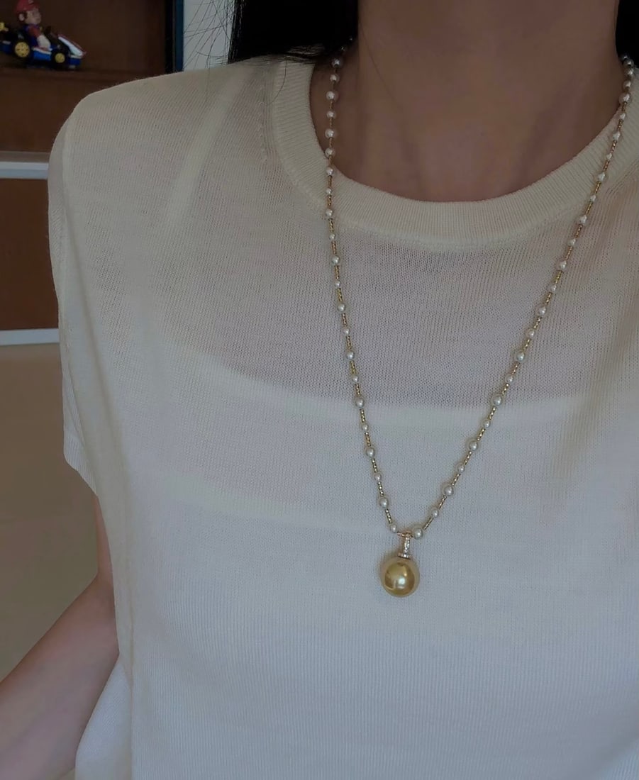 Natural Golden Seawater Pearl & Akoya Pearl Long Necklace with Pearl Pendant, Certificate Included - 20
