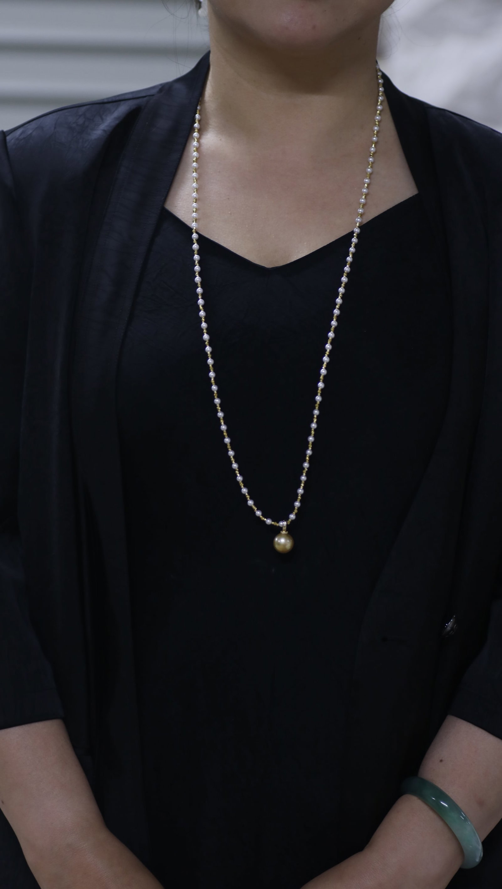 Natural Golden Seawater Pearl & Akoya Pearl Long Necklace with Pearl Pendant, Certificate Included - 8