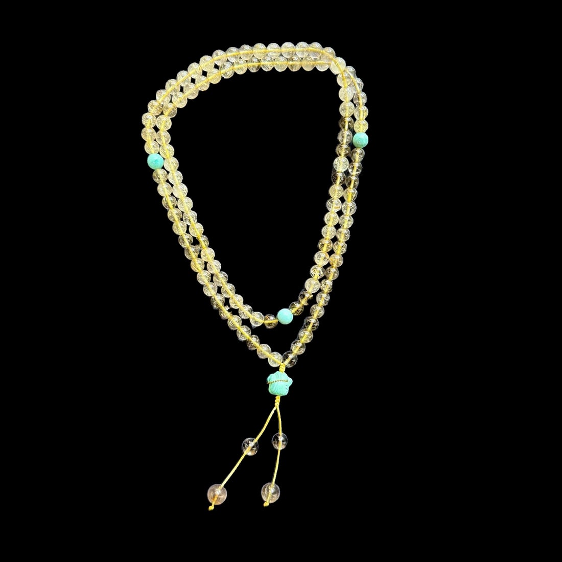 Natural Golden Rutilated Quartz Long Beaded Necklace with Turquoise Accent, 84g, 88cm: A natural Golden Rutilated Quartz long beaded necklace featuring transparent round beads with attractive golden rutile inclusions throughout. The strand is accented with turquoise-colored spacer beads