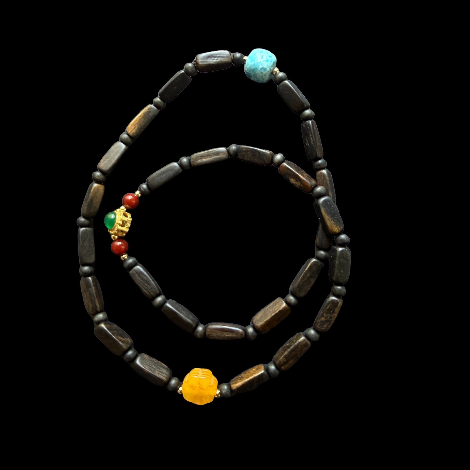 Natural Agarwood Beaded Necklace with Decorative Gemstone Accents, Barrel Beads, 50 cm, Approx. 18g (1 of 5)
