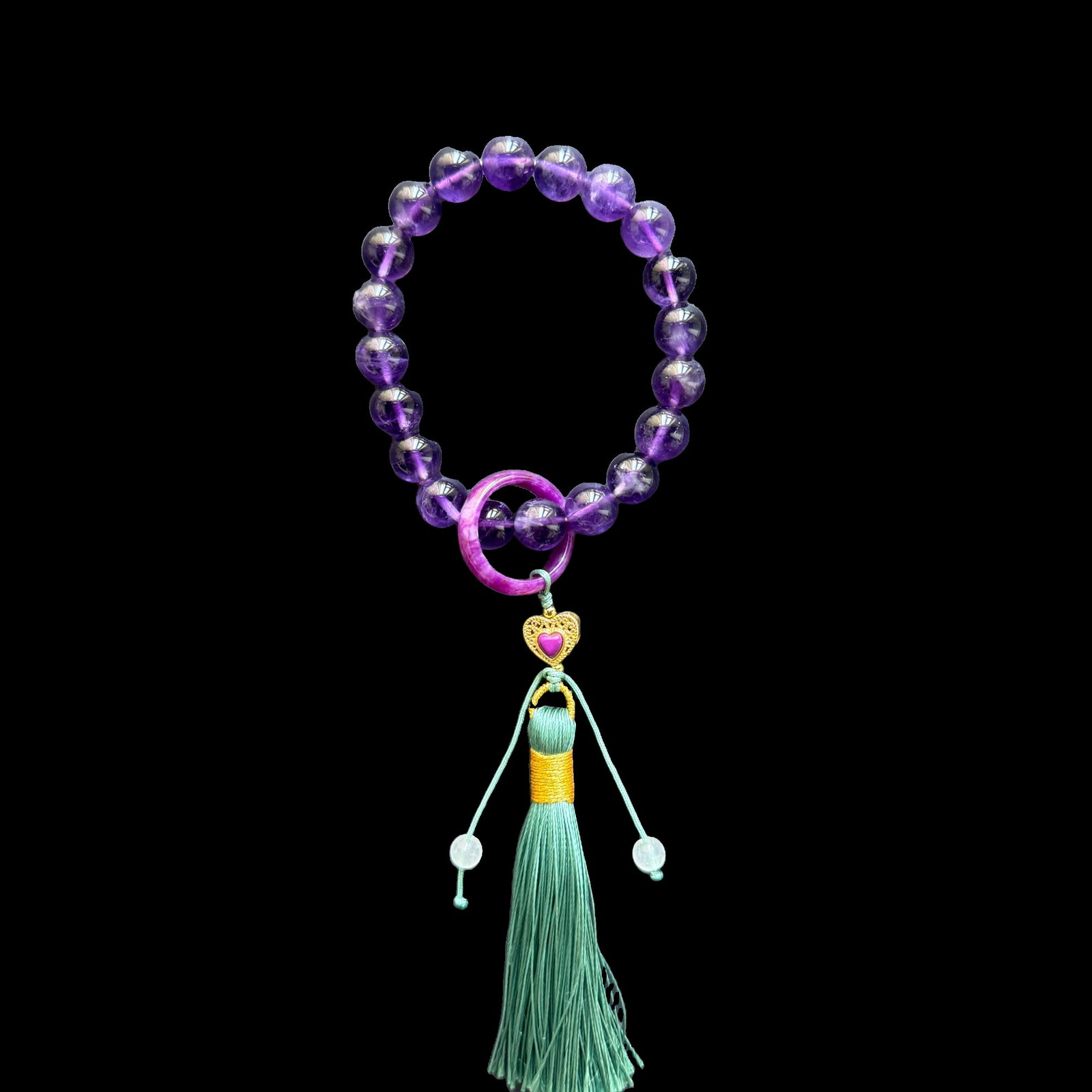 Natural Amethyst Beaded Bracelet with Purple Ring Pendant, 10mm Beads, 37g (1 of 5)