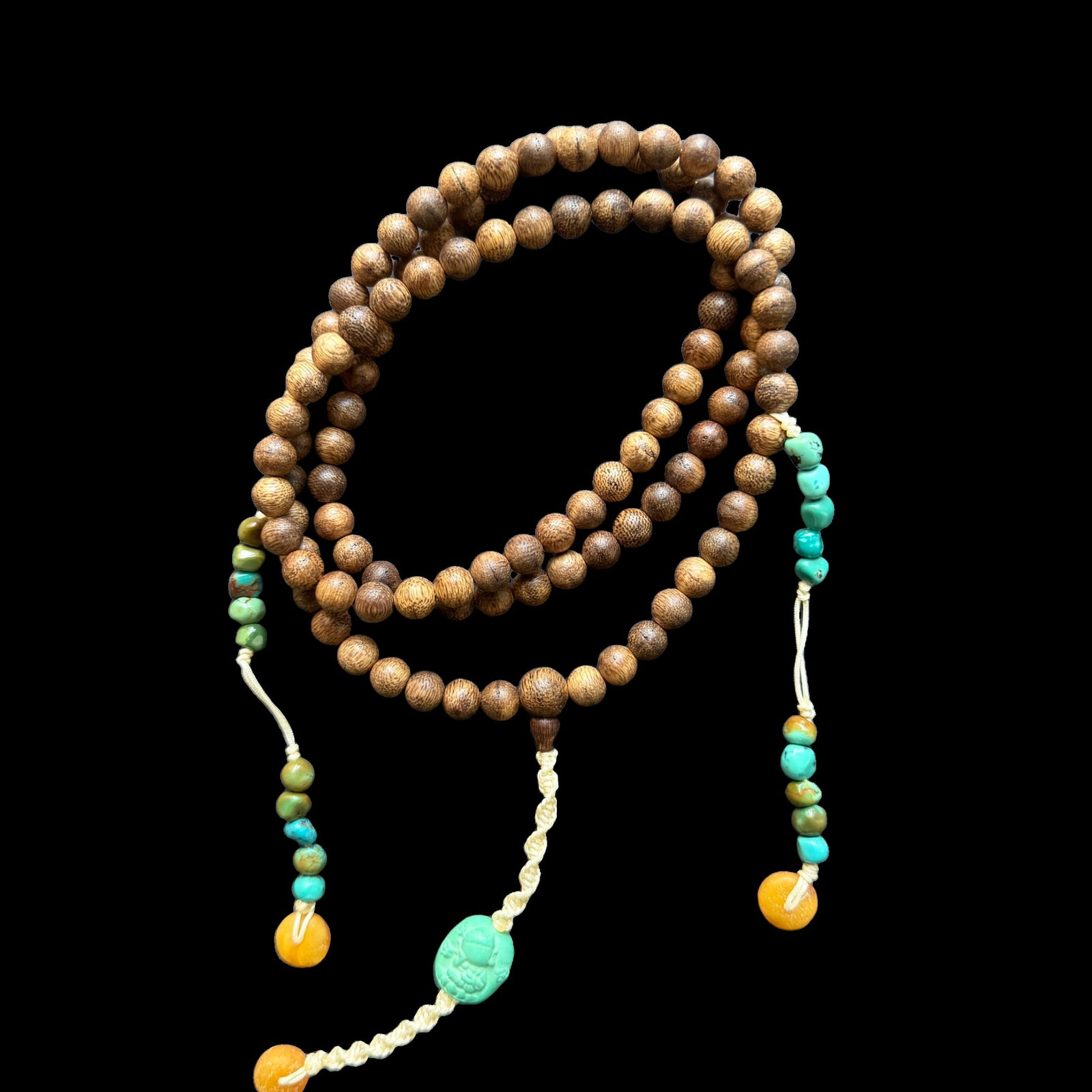 Natural Agarwood & Turquoise Bead Mala Necklace, 86cm, 29g: This mala-style necklace is composed of natural agarwood beads combined with turquoise accents, creating a warm and earthy contrast. The strand measures approximately 86cm in length and weighs 29g, de