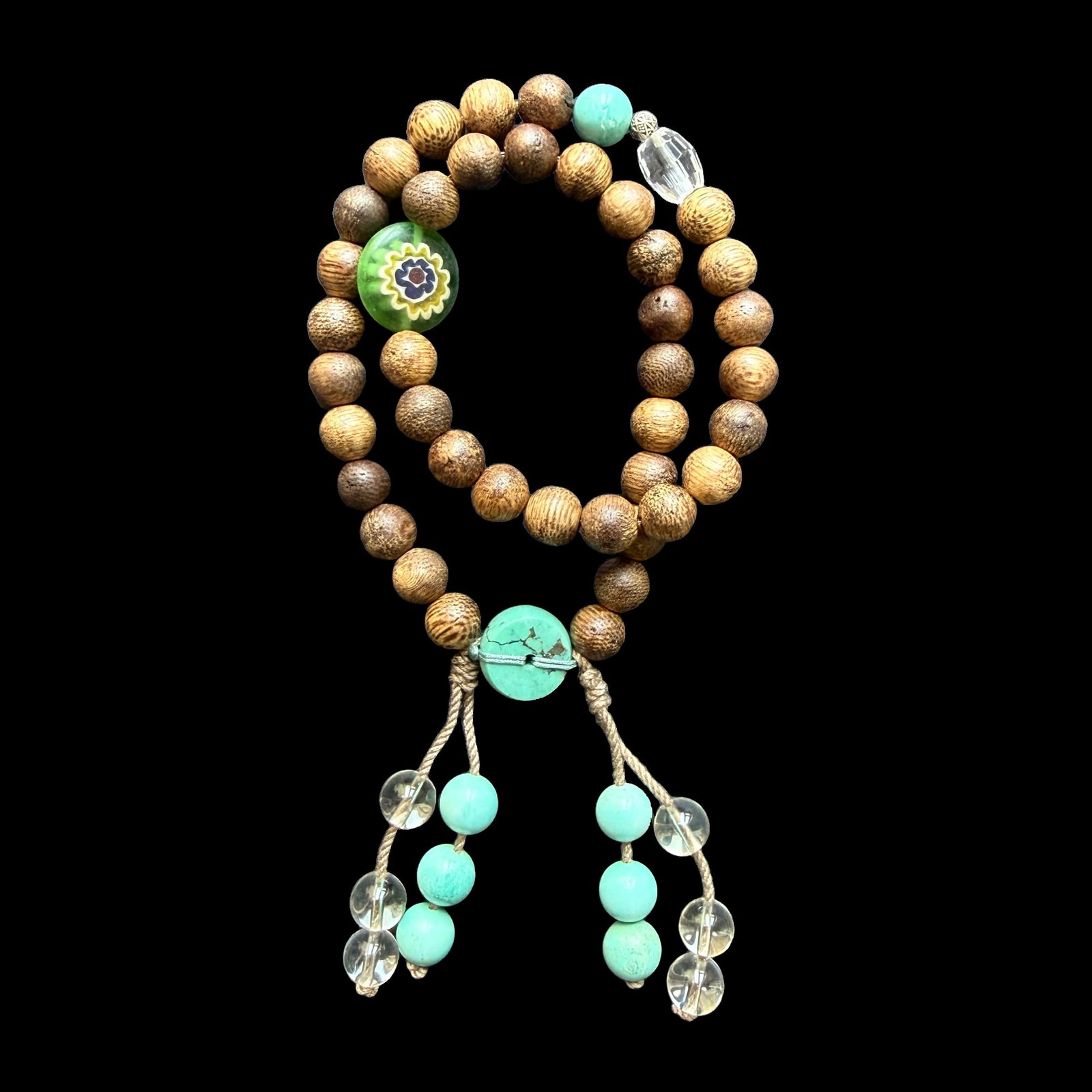 Natural Agarwood & Turquoise Prayer Bead Bracelet with Crystal Accents, Approx. 8mm Beads, 21g: Crafted from natural agarwood beads accented with turquoise and clear crystal elements, this traditional prayer bead bracelet features approximately 8mm beads and weighs about 21g. Decorative accent b