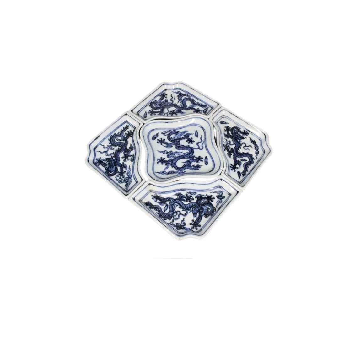A set of five Blue and White 'Cloud and Dragon' pattern dishes, Mark and Period of Xuande, Ming: A set of five Blue and White dishes with cloud and dragon motifs, Mark and Period of Xuande, Ming Dynasty. Housed in a wooden box. Dimensions: 11.5cm x 11.5cm, Height 2.7cm.