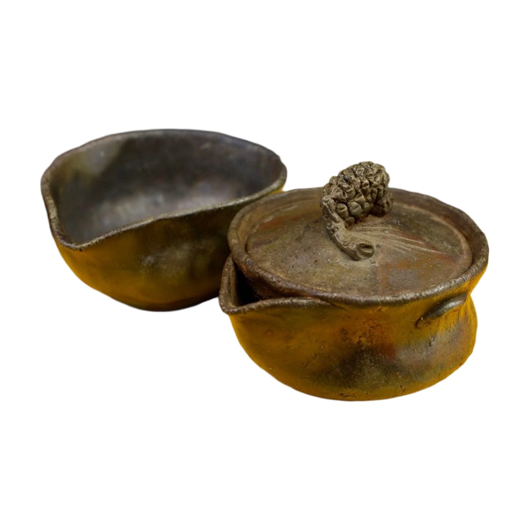Bizen ware, Mori Hozan, rare, handcrafted pinecone-handled teapot/water pot.: Dimensions (approx.) Height: 7.8 cm Diameter: 8.2 cm