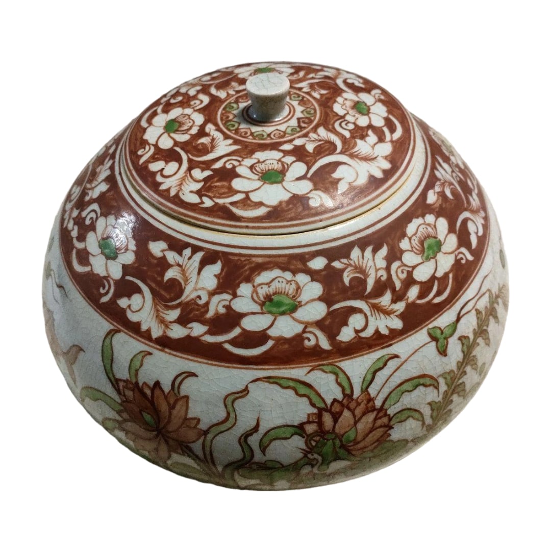 An intact item excavated from an ancient Buddhist site, "Koan Nankyosha-mon Seishu Kori" (Koan: An intact item excavated from an ancient Buddhist site, "Koan Nankyosha-mon Sake Flask," accompanied by a paulownia wood box and stand. Dimensions: mouth diameter 13 cm, body diameter 25 cm, height 17
