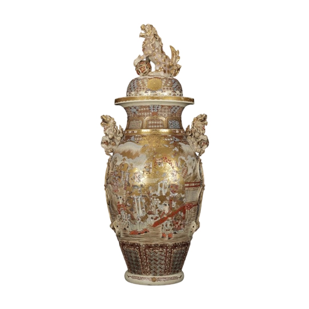 Extra-Large Satsuma Ware Vase: This extraordinary large Satsuma incense burner is breathtaking with its dazzling gold brocade decoration. The lid is adorned with a motif of a lion playing with a ball, and the handles on both sides 